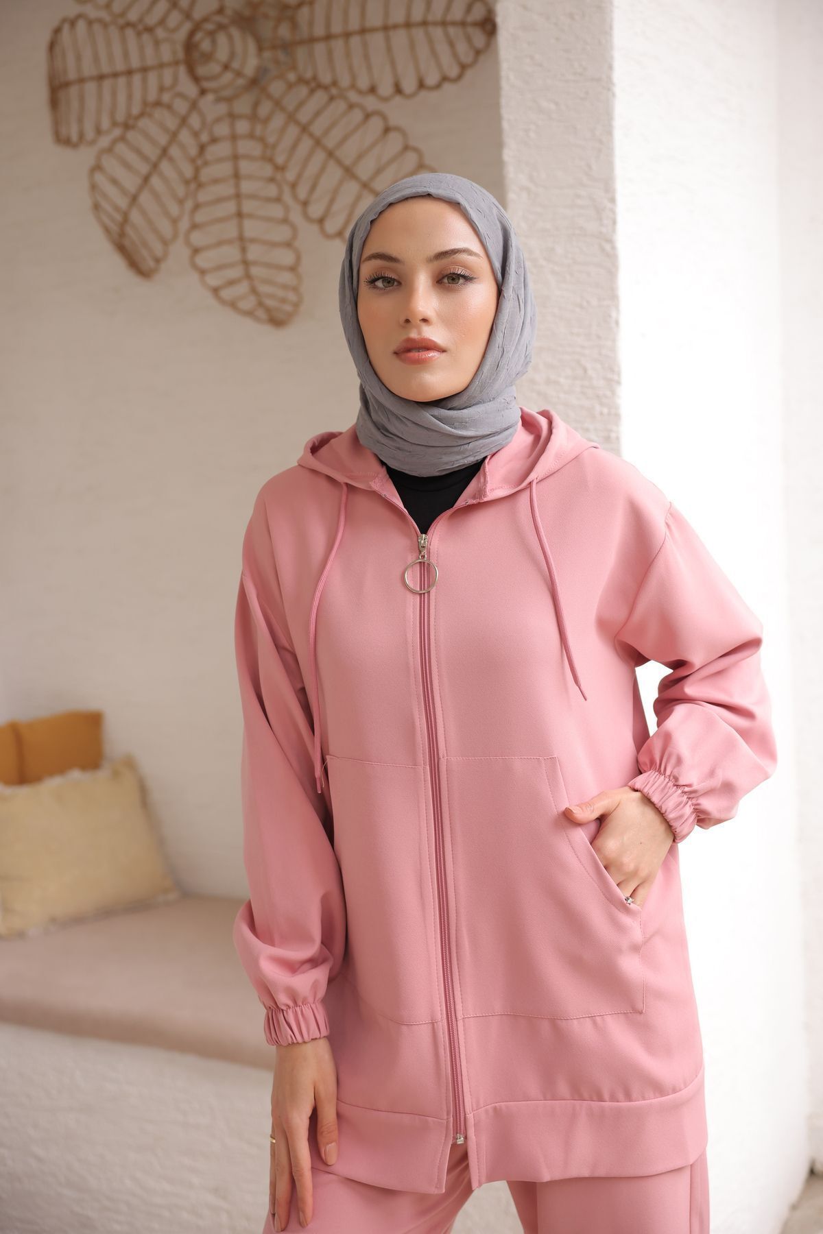 PİNK FLY-Hooded Imported Double Fabric Kangaroo Pocket Women's Hijab Tracksuit Set 5