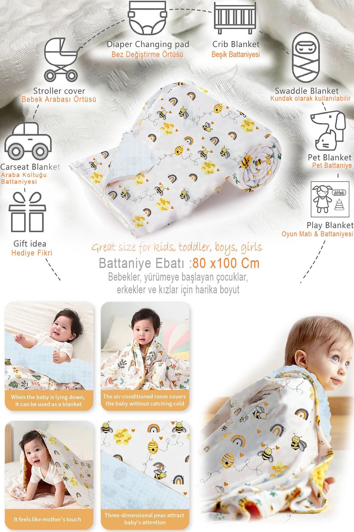 HALZEY Bebek Battaniyesi Arı Desenli 80x100 Cm, Çift Taraflı Müslin Kumaş Ve Ten-cel Pike Kumaş fotoğrafı 6 (önizleme)