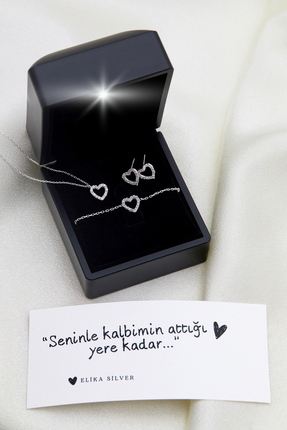 Elika Silver Işıklı Kutuda Kalp Model 925 Ayar Gümüş Set