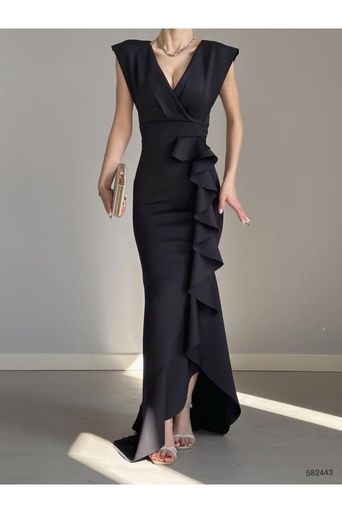 v neck flywheel maxi length evening dress
