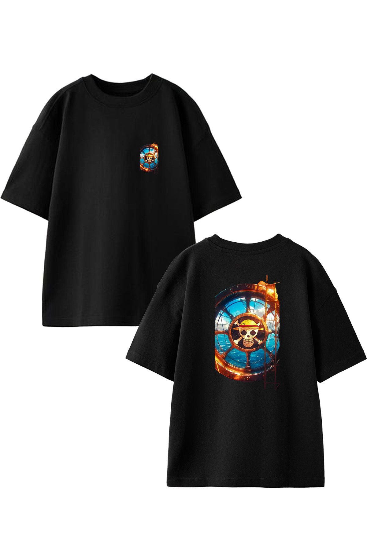 NMG TEKSTİL Tricou Oversize Unisex Din Bumbac - Imprimat Cu Craniu De Roată De Navă, Negru Unisex - M