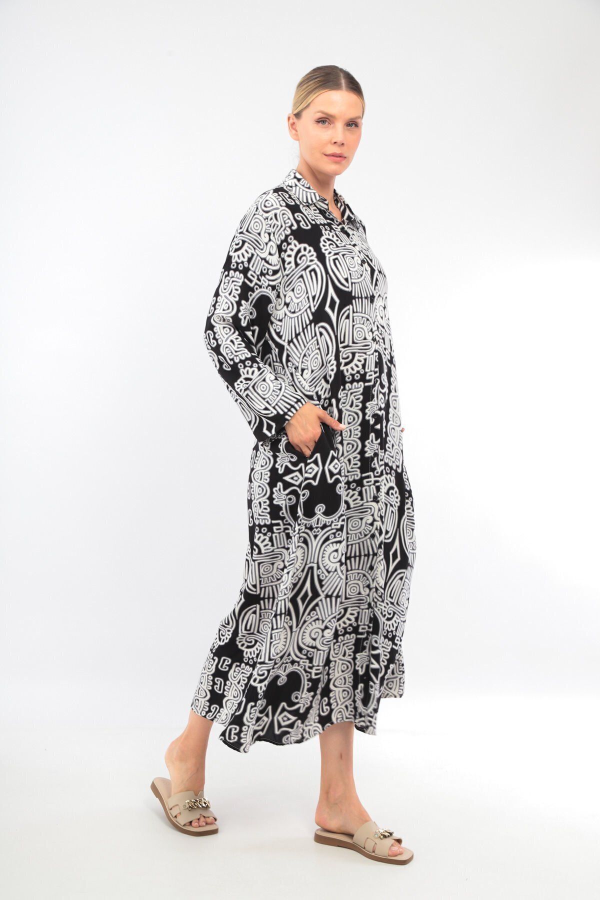soBasic-Black Viscose Shirt Dress - 100% Cotton, Patterned, Buttoned Front and Slit - Std 3