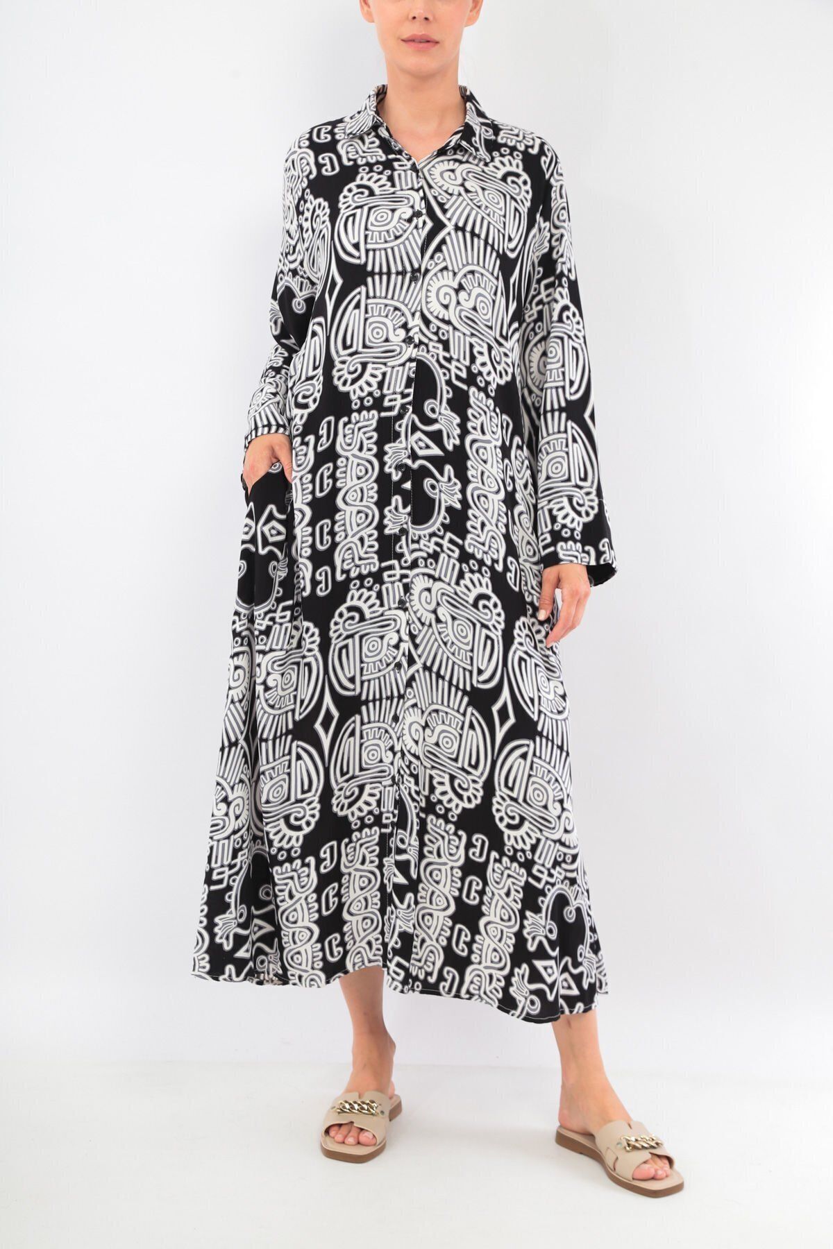 soBasic-Black Viscose Shirt Dress - 100% Cotton, Patterned, Buttoned Front and Slit - Std 6