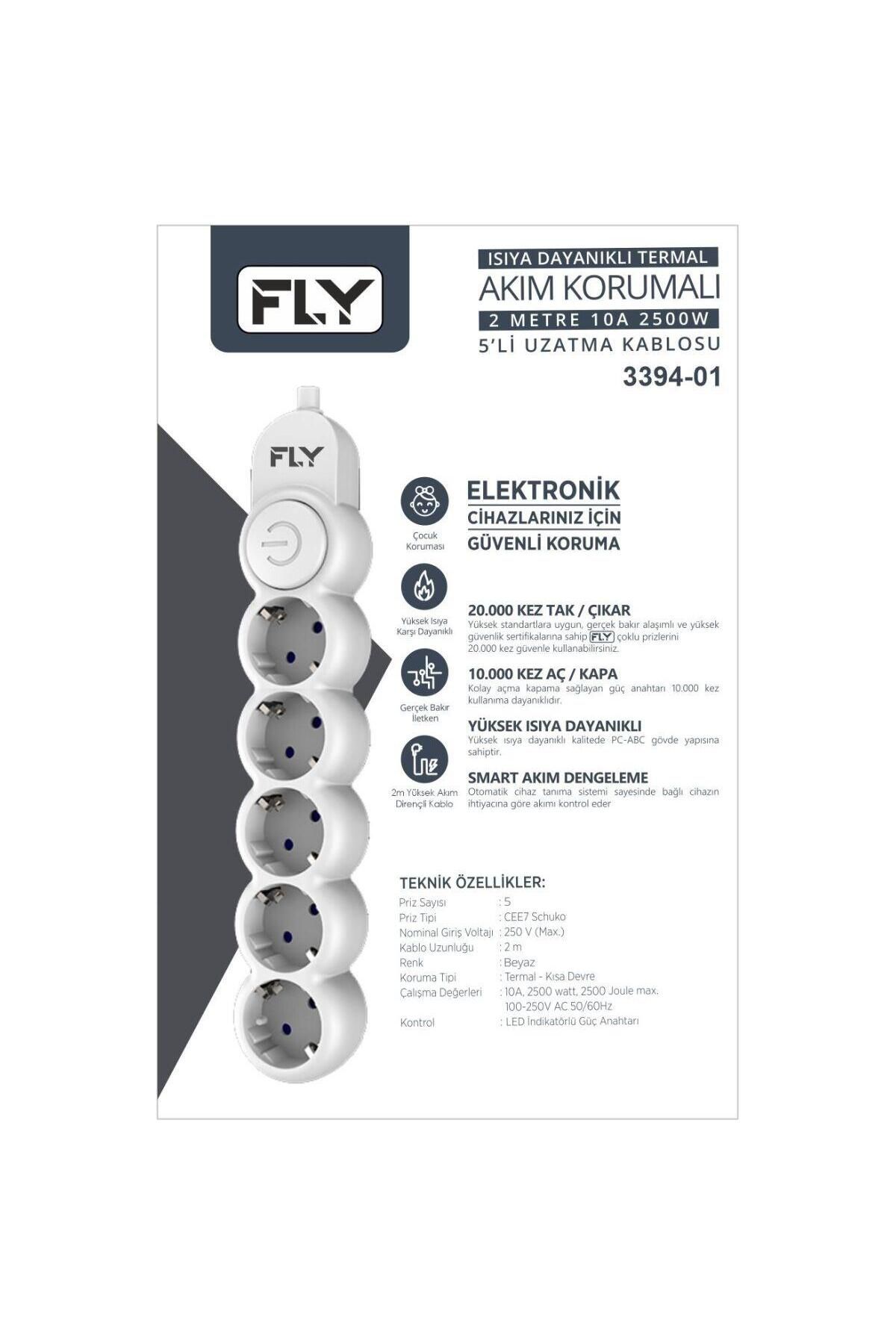 Fly-5-Piece Switched Current Protected Socket 2500w 2 Meter Current Protected Extension Cable 2