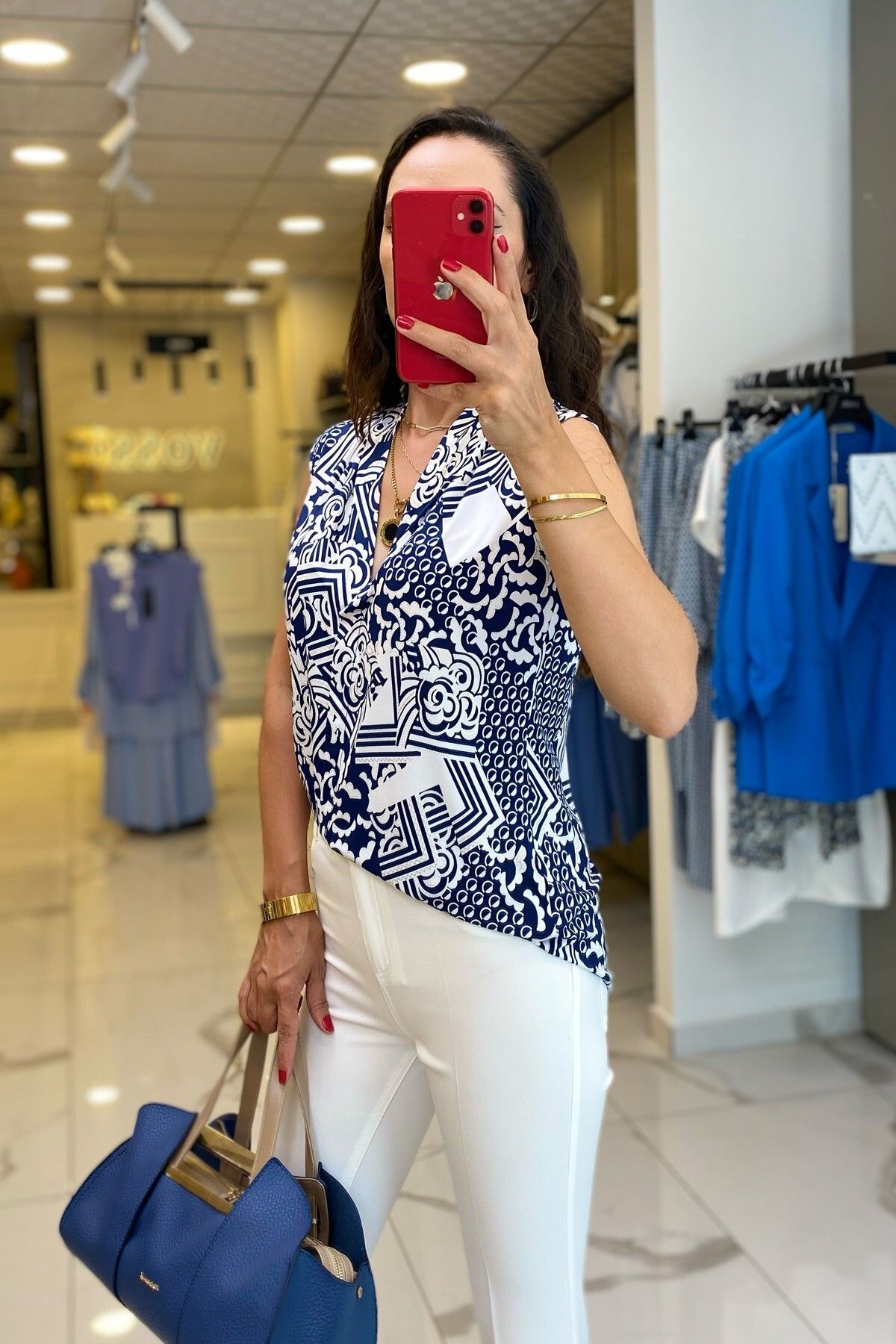 بلوز آبی زنانه لباس الگوی ECOL NACTERE V NECK BLOUSE اورجینال Vosse