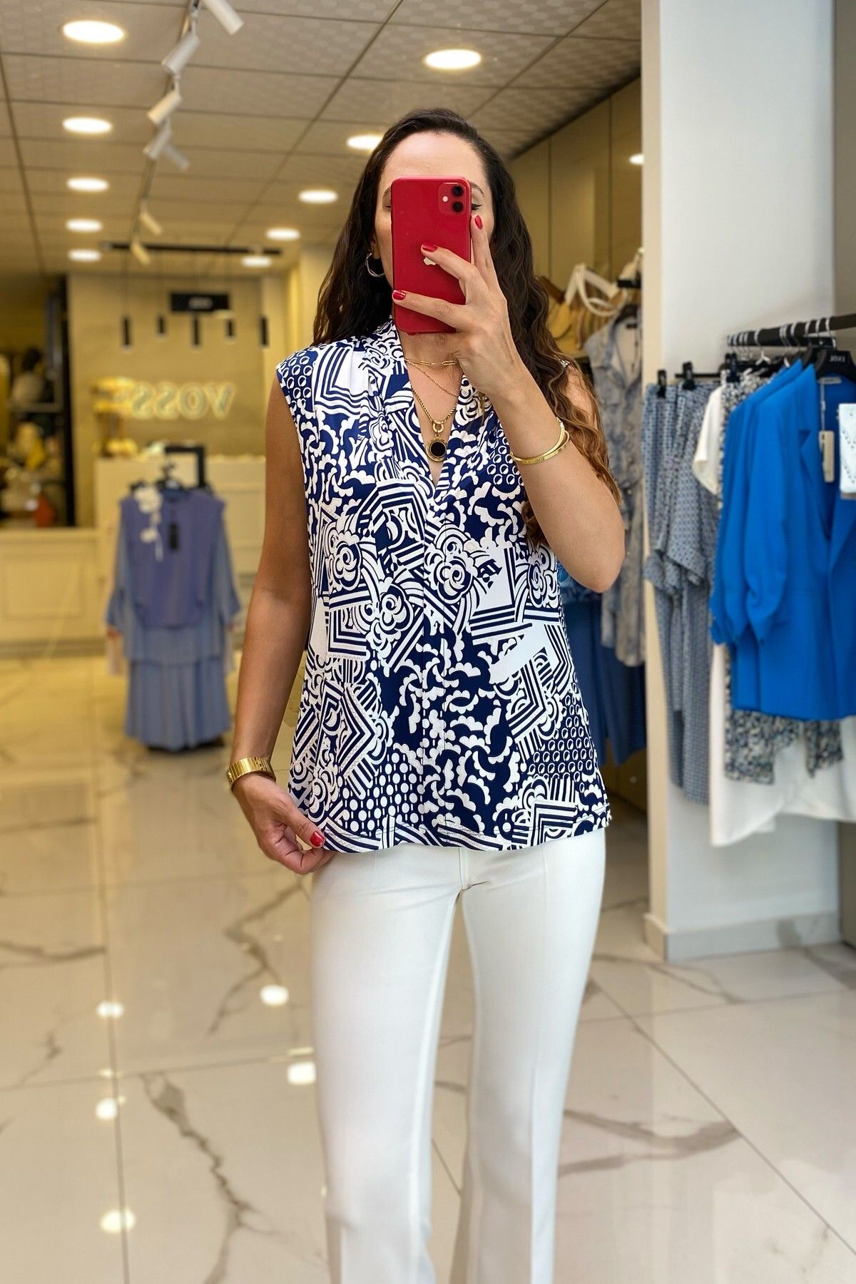 بلوز آبی زنانه لباس الگوی ECOL NACTERE V NECK BLOUSE اورجینال Vosse