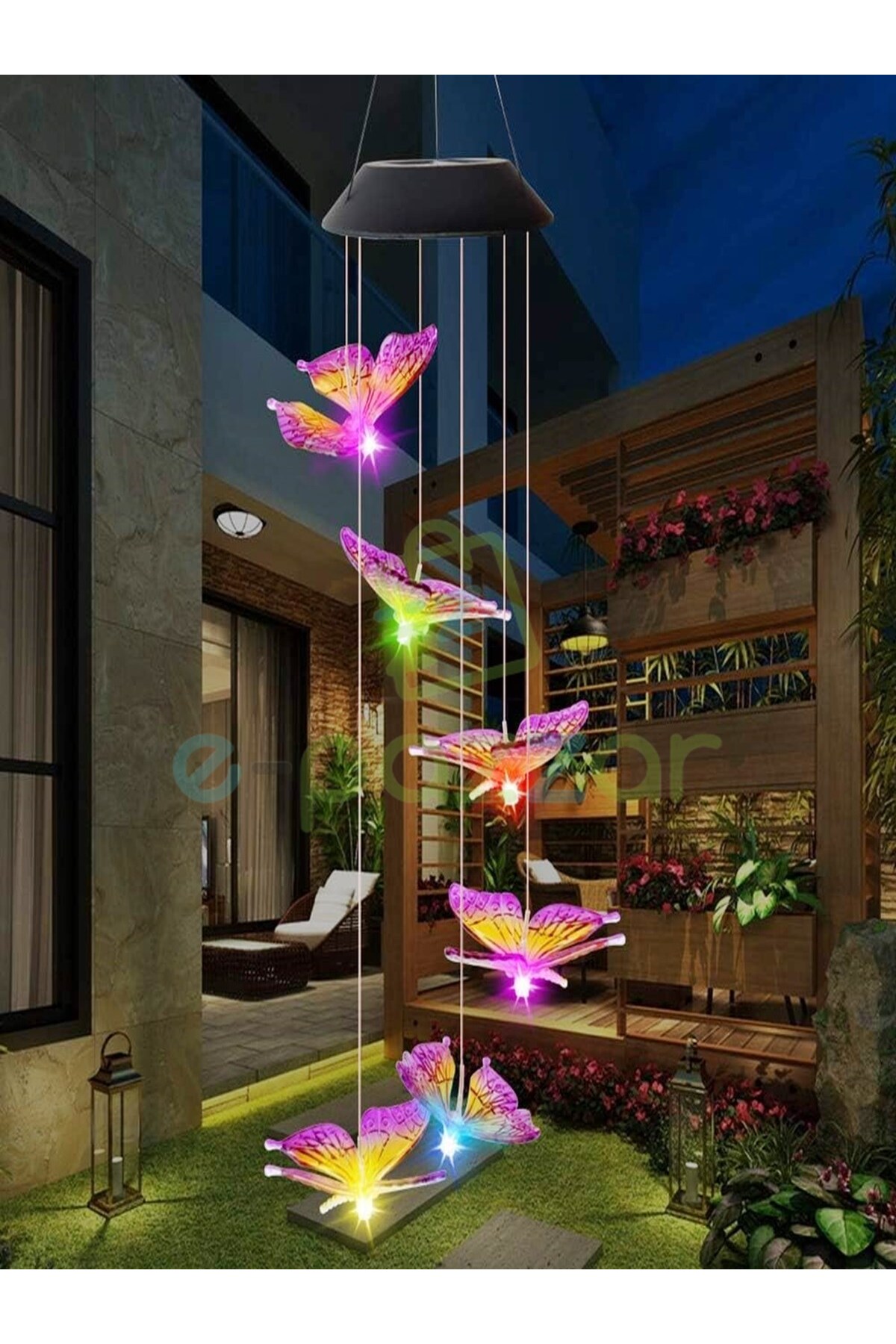 For Prime Multicolor Renk Geçişli Sevimli Kelebekler 6 Sarkıt Solar Panelli Bahçe Veranda Dekoratif Led Işık