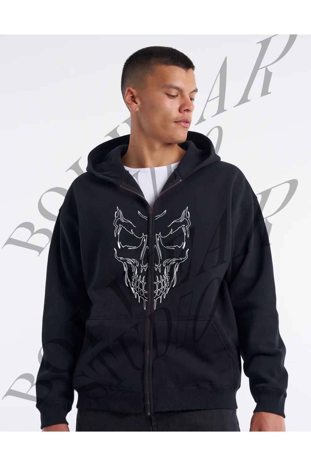 Siyah İskelet Kuru Kafa Baskılı  Oversize  Unisex Fermuarlı Kapşonlu Sweatshirt Kadın Hırka