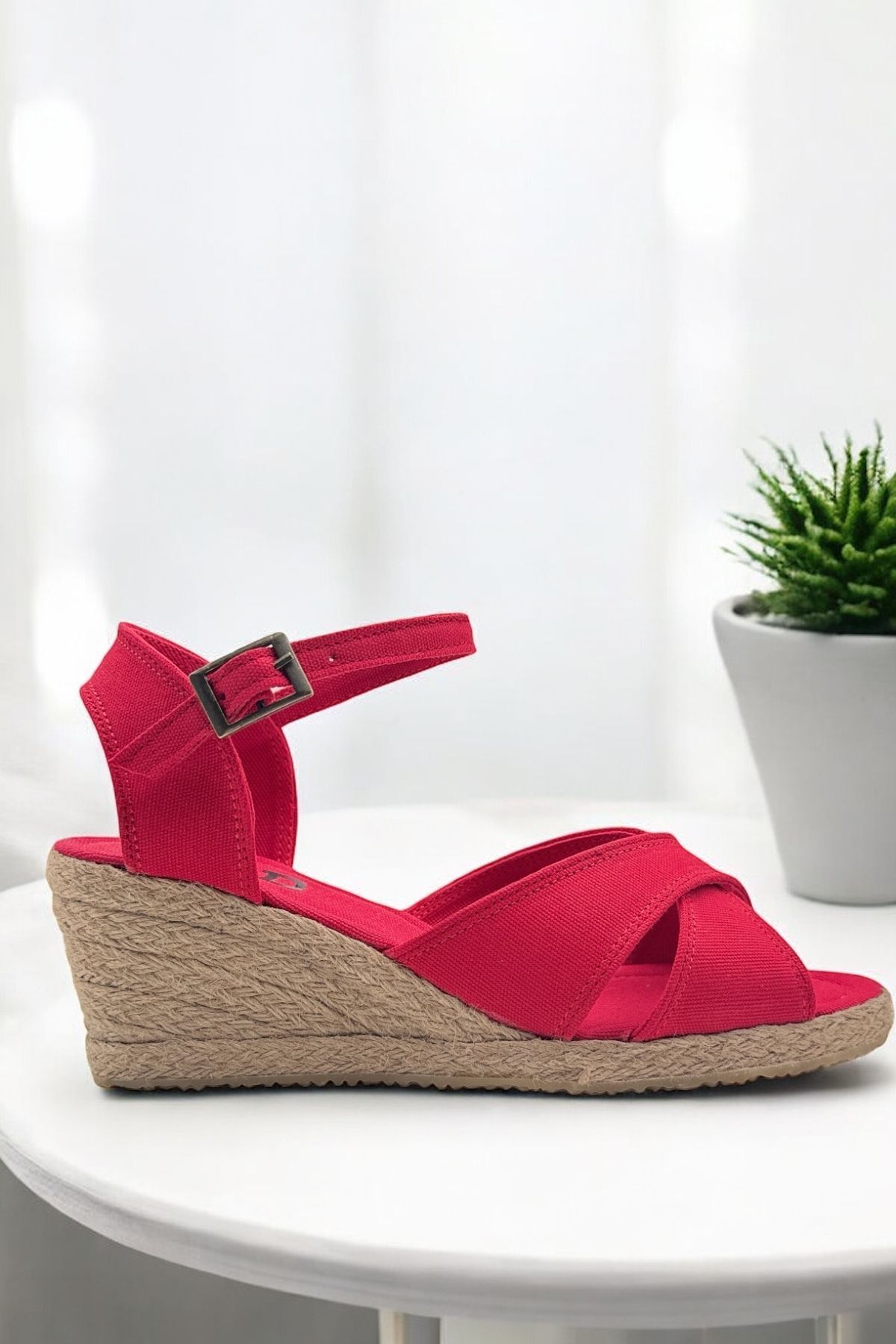 Y&D Shoes Dolgu Topuk Çapraz Keten Sandalet Espardil