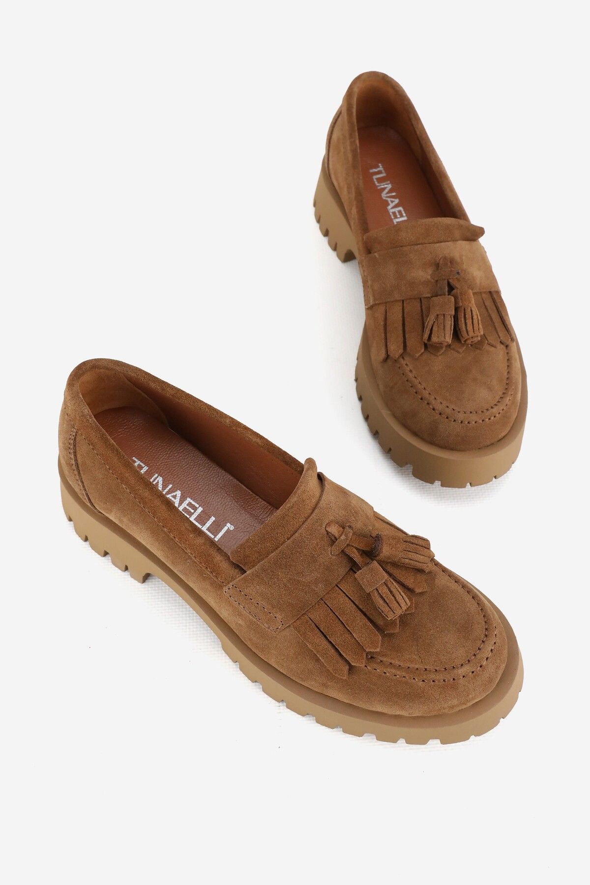TUNAELLİ-Tan Suede Γυναικείο Loafer - Μέγεθος 36-41, Φούντες και Γνήσιο δέρμα 5