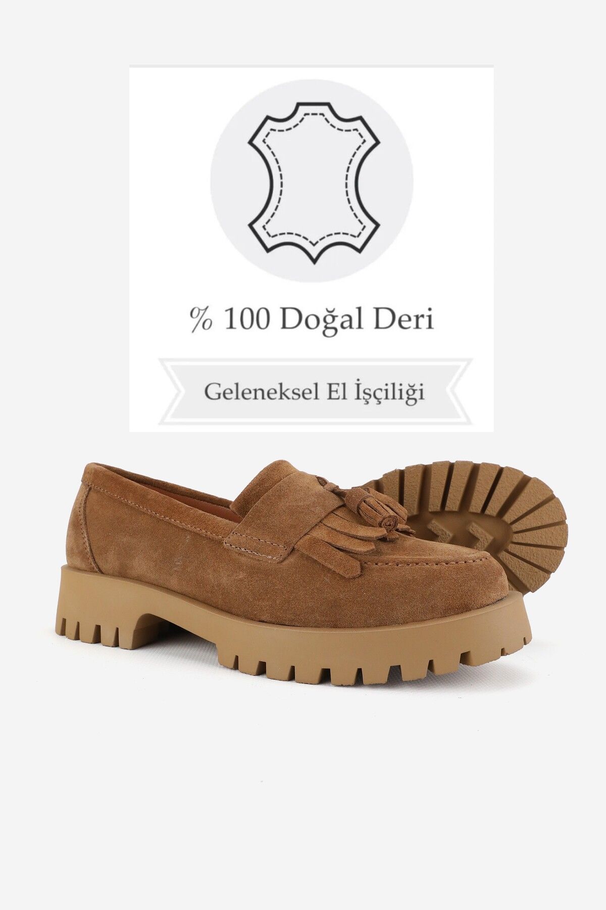 TUNAELLİ-Tan Suede Γυναικείο Loafer - Μέγεθος 36-41, Φούντες και Γνήσιο δέρμα 3