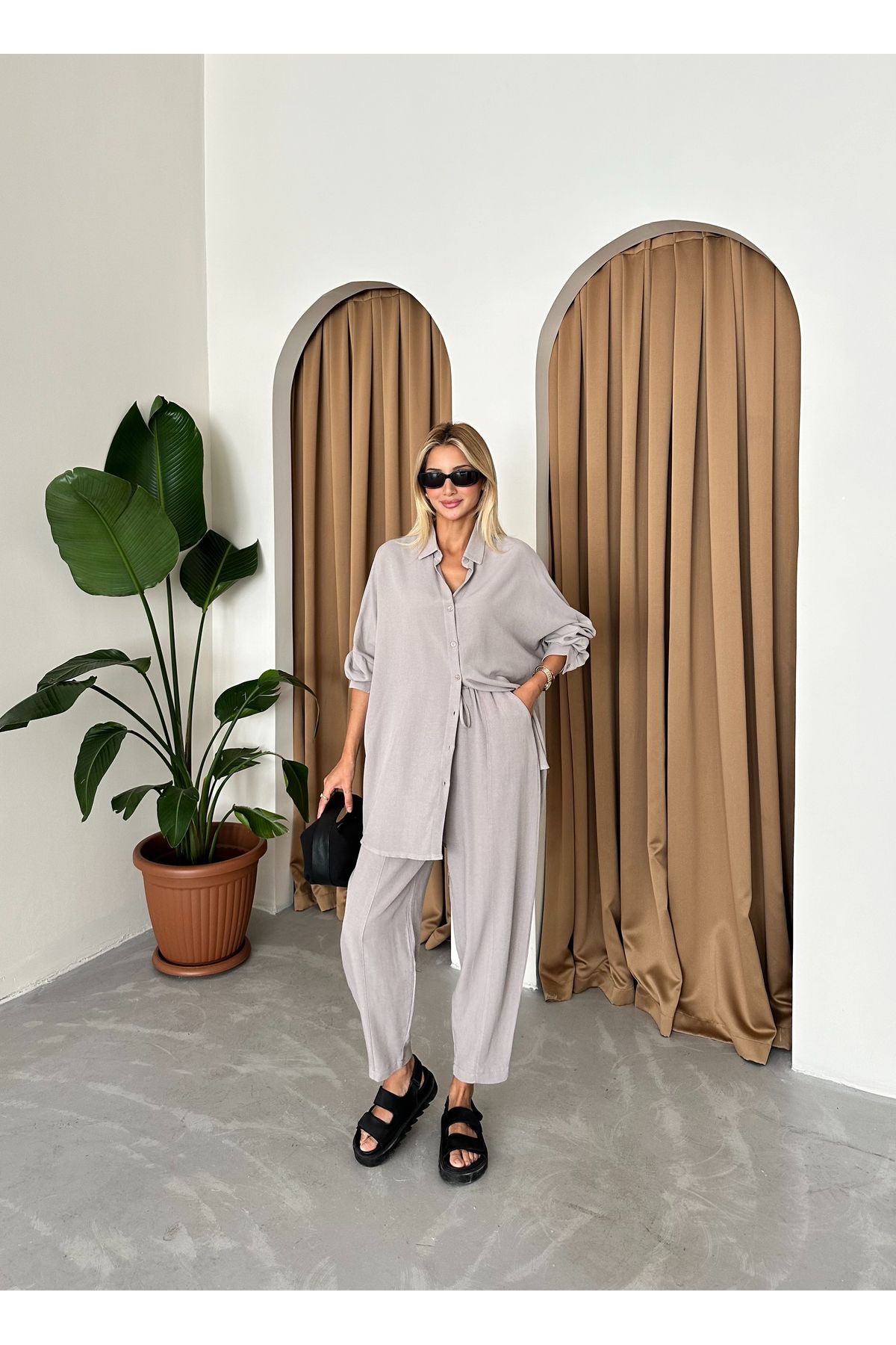 Laluvia-Set aus Hemd, Shalwar und Hose aus Leinen in Grau 4
