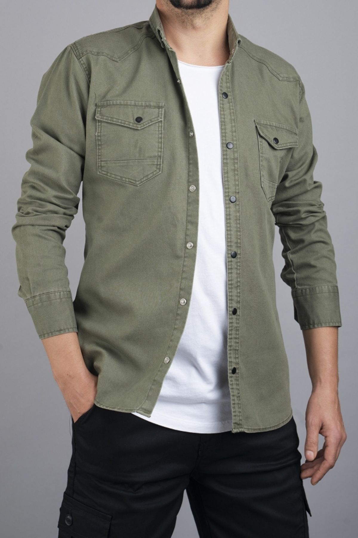 bombe-Zöld Slim Fit férfi pamut farmer ing 4