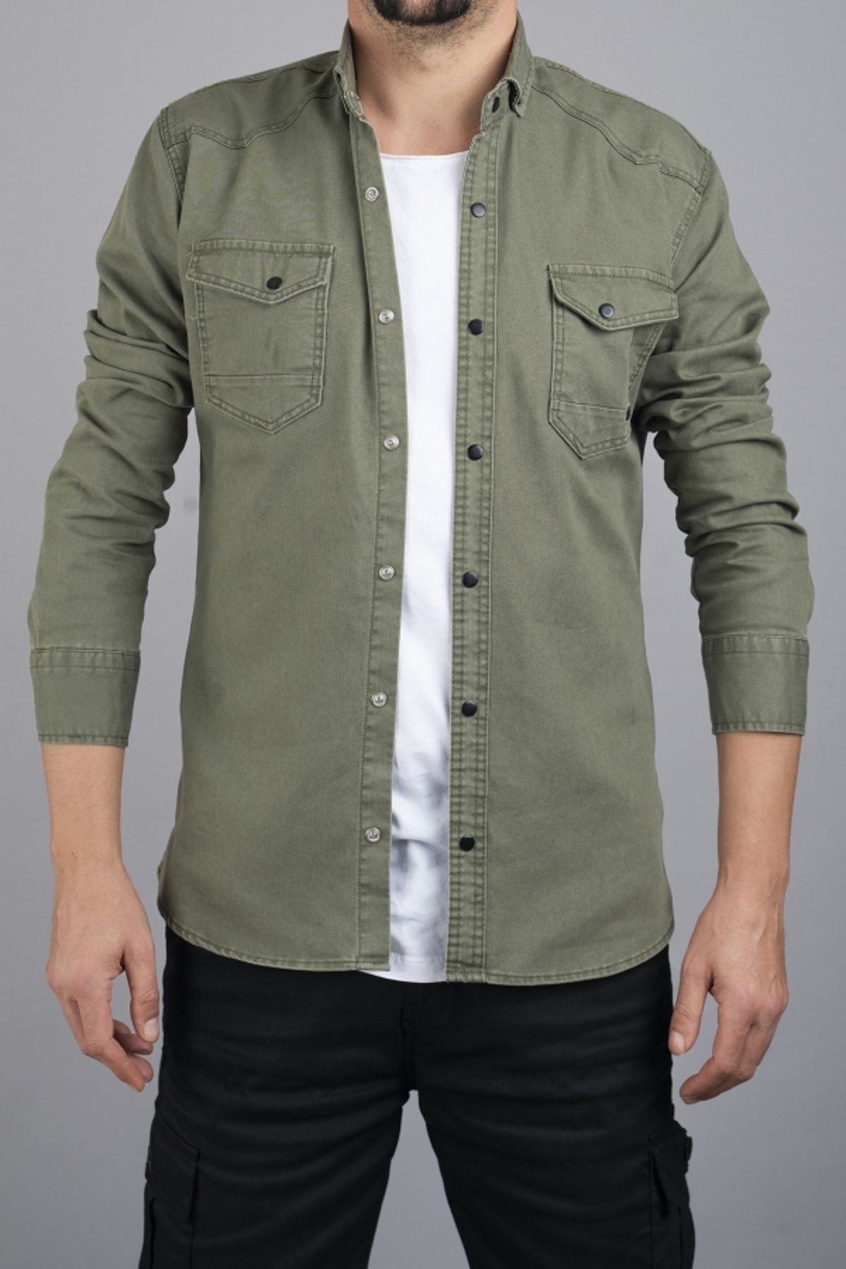 bombe-Zöld Slim Fit férfi pamut farmer ing 2