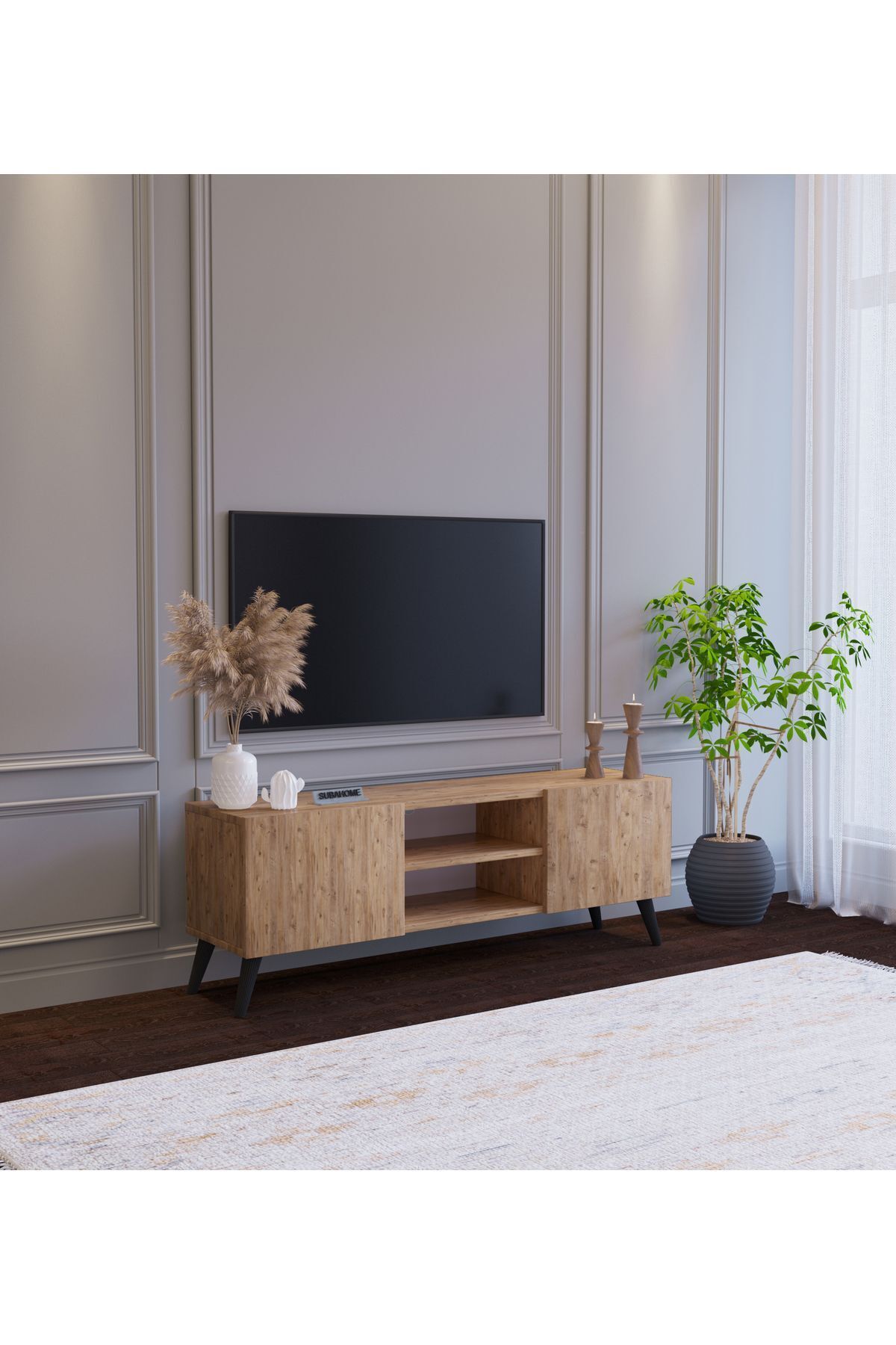 Wood Look Mdf 2 Door Shelf TV Unit 120 X 30 X 45 Modern And Functional Design