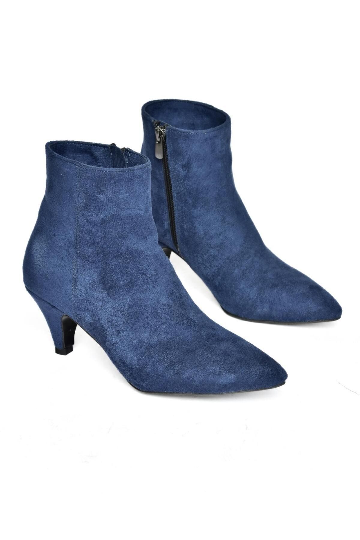 Fox Shoes-Navy Blue Suede Low Heeled Women's Boots 5