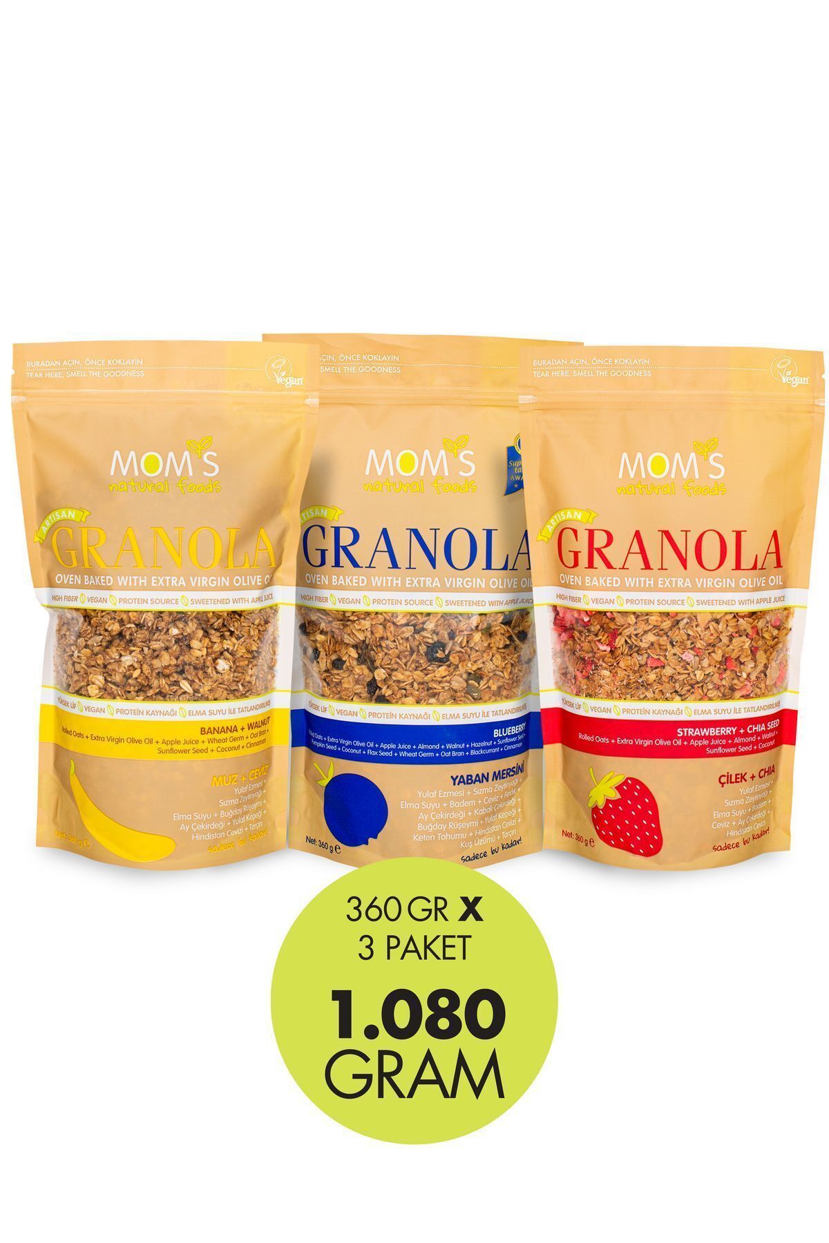 3'LÜ GRANOLA MUZ-CEVİZ 360 G / YABAN MERSİNİ 360 G / ÇİLEK-CHIA 360 G