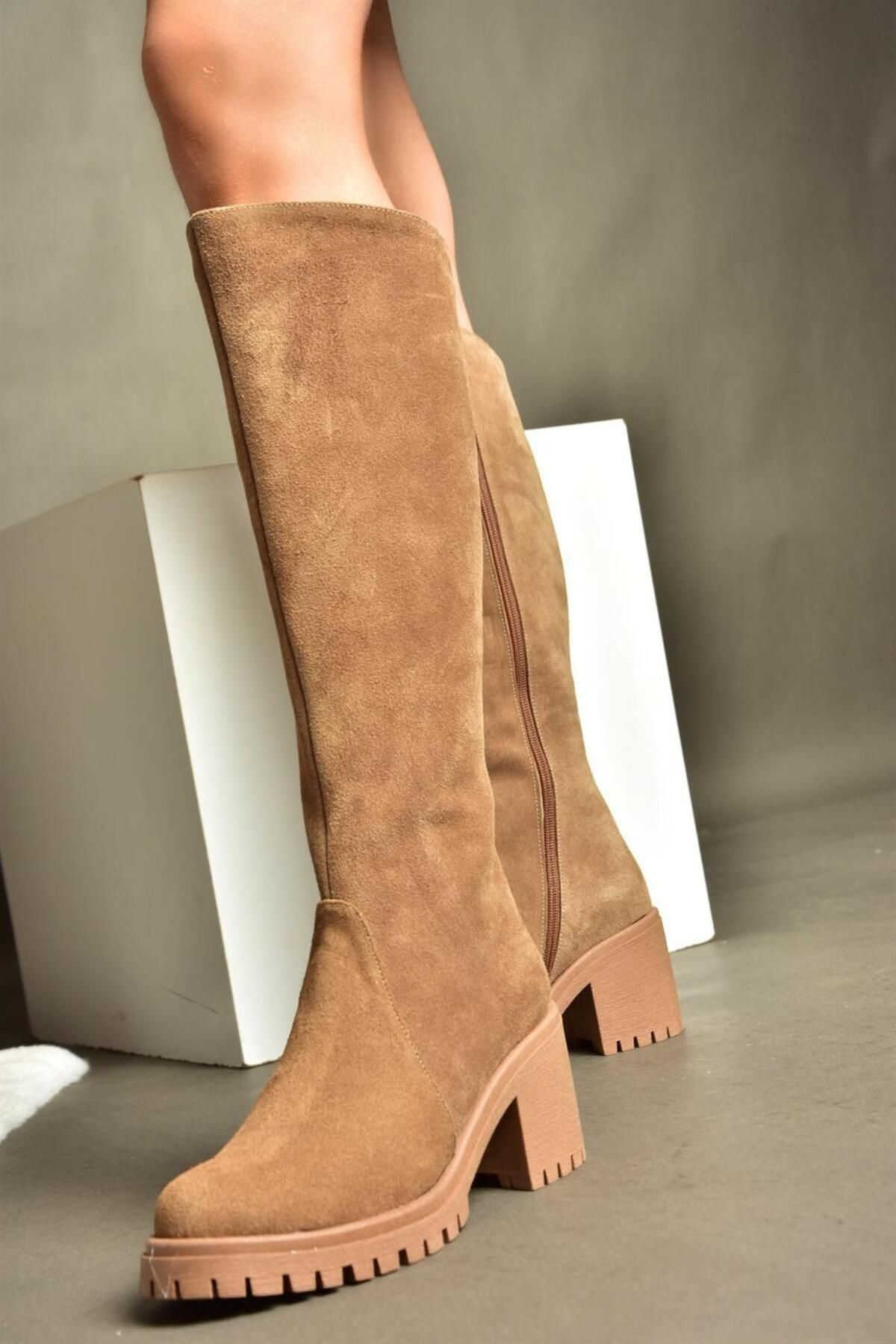 Fox Shoes R654047702 Tan Genuine Leather Suede Thick Heeled Women s Boots Trendyol