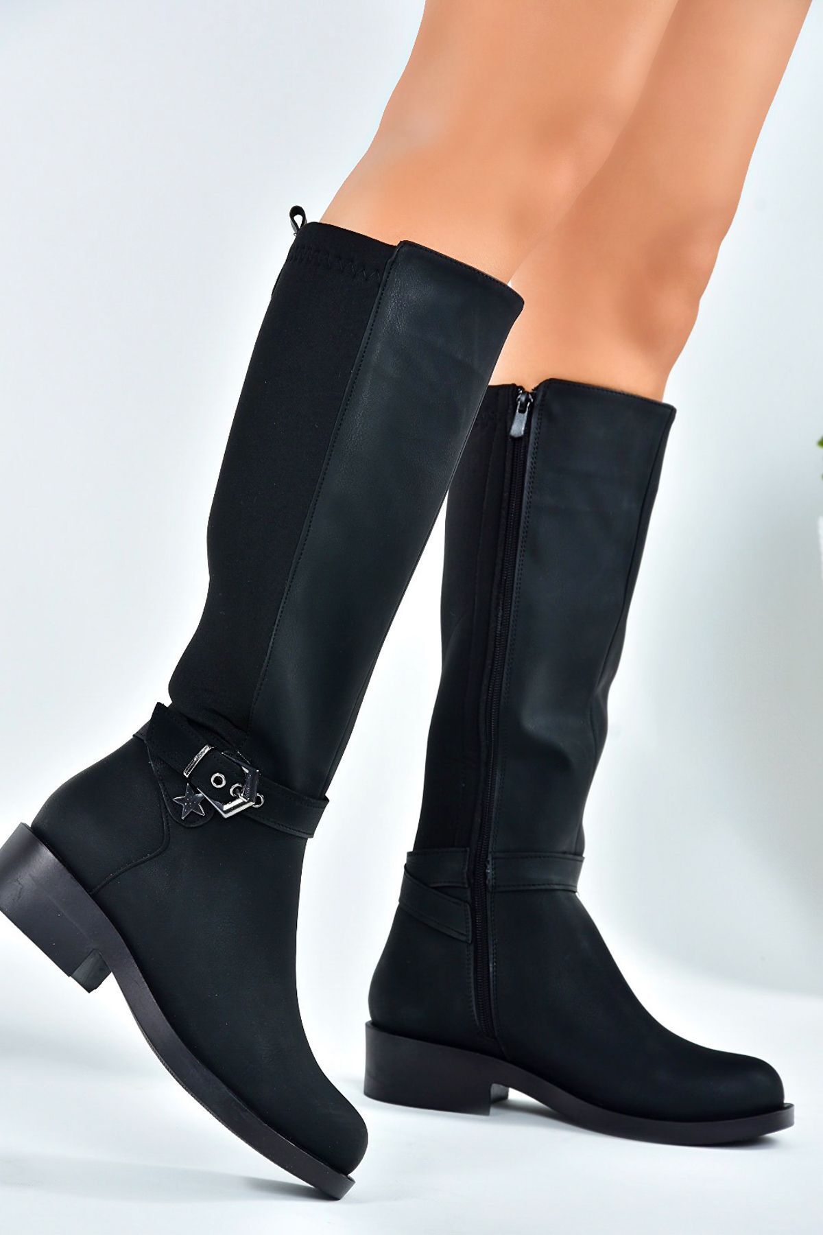 چکمه مشکی زنانه روزانه پاشنه کوتاه پارچه ای استرچ Diver Back G674240109 Fox Shoes