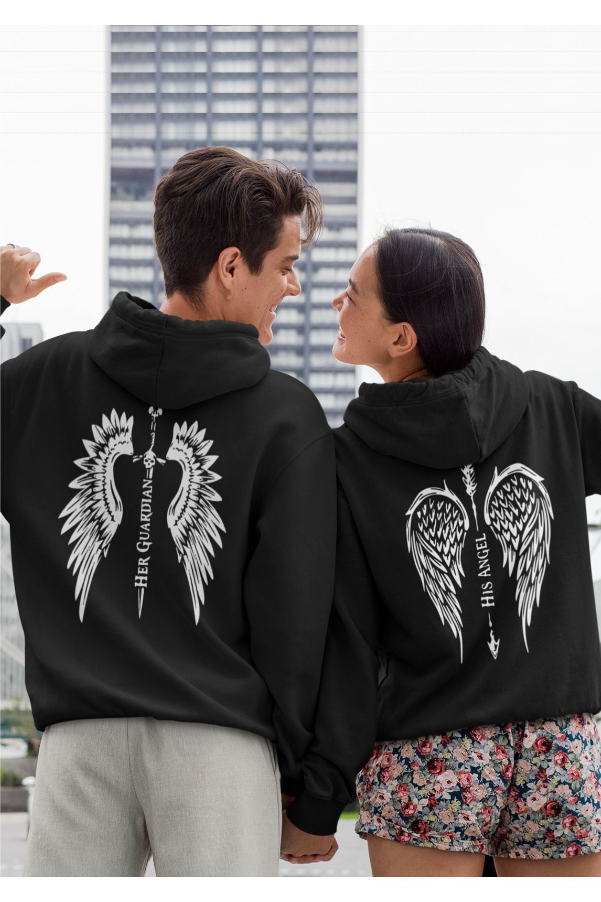 macklin Dear Couple Combination Angel and Guardian Printed Special Design Hooded Sweatshirt Set of 2 Set Trendyol