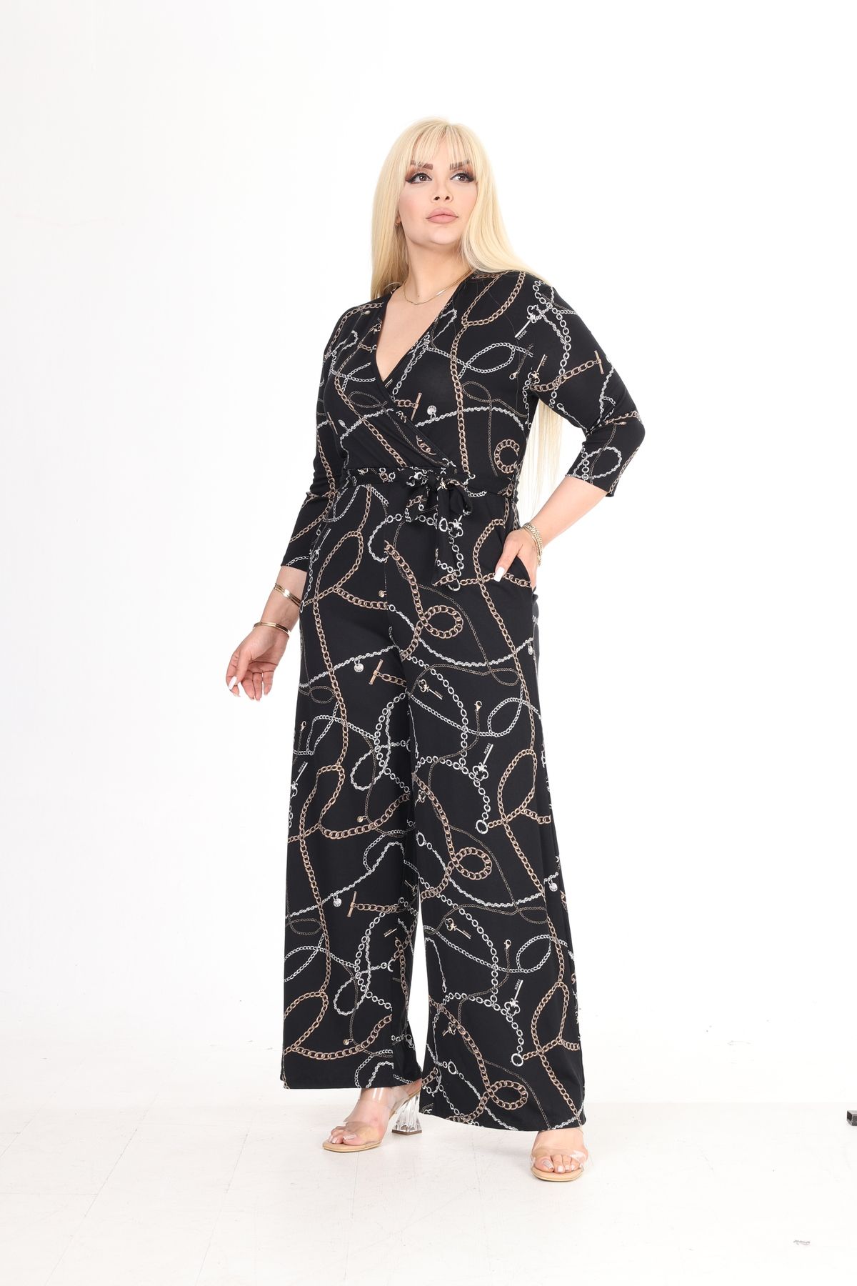 MJORA-Plus Size Chain Patterned DouBle-Breasted Collar Jumpsuit 3