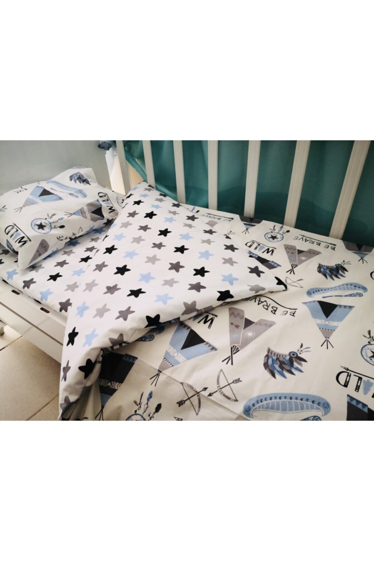 Bebek Özel %100 Pamuklu Çocuk 90x190 Montessori Yastık Çarşaf Yorgan Seti Mavi Kamp Çadır Desenli (Yorganlı) fotoğrafı 2 (önizleme)