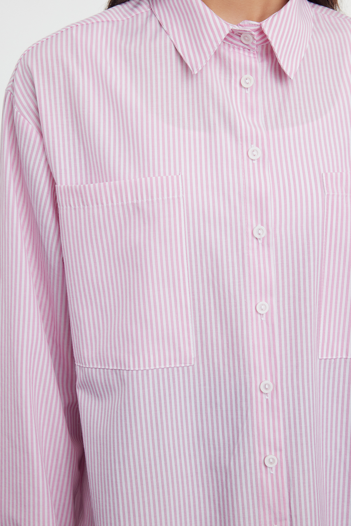 Trendyolmilla  Pembe Çizgili Oversize Dokuma Gömlek TWOAW23GO00359 - Görsel 3
