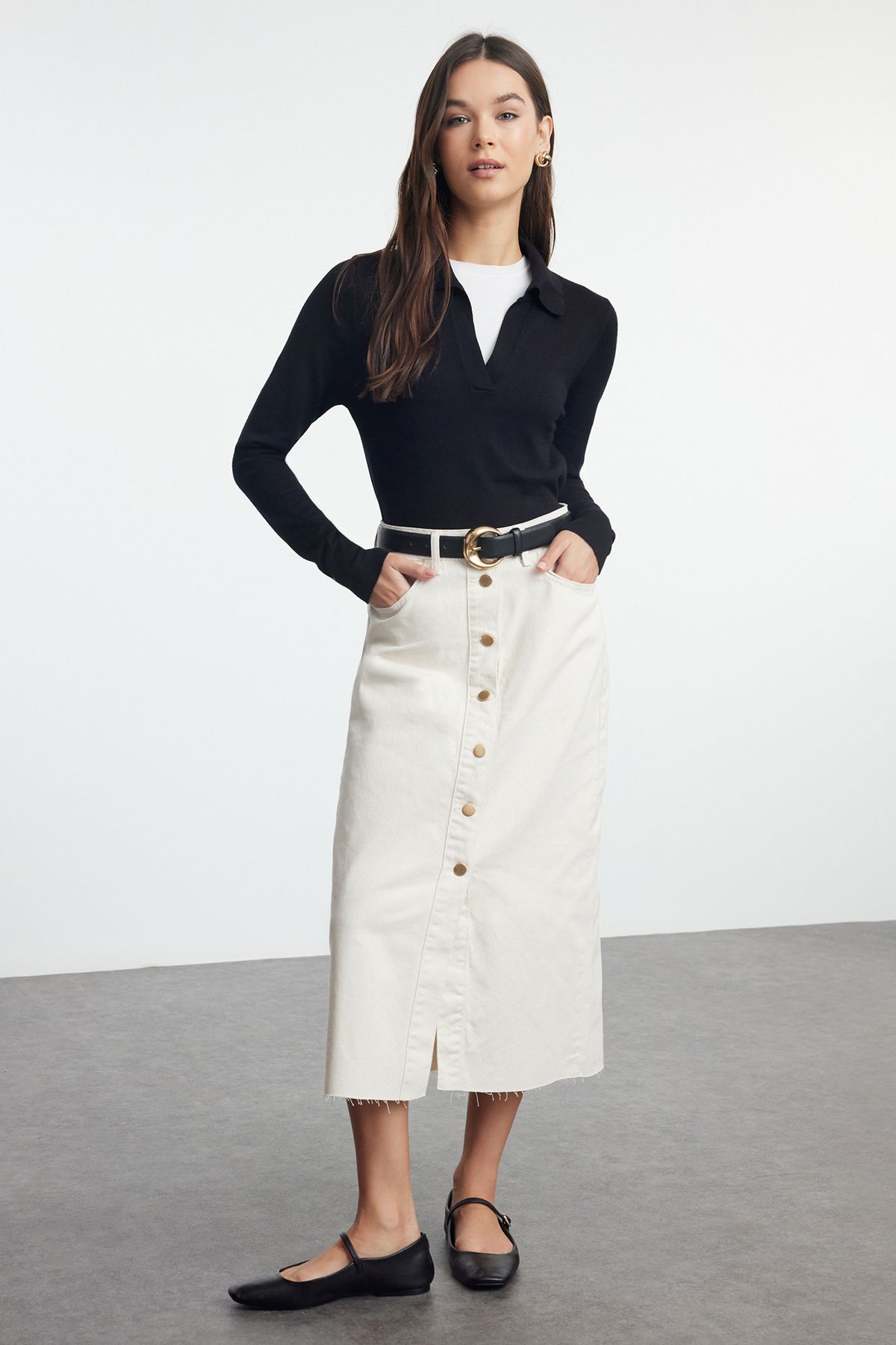 Trendyol Collection-Ecru Button Detail High Waist Midi Denim Skirt Twoss23Et00359 2