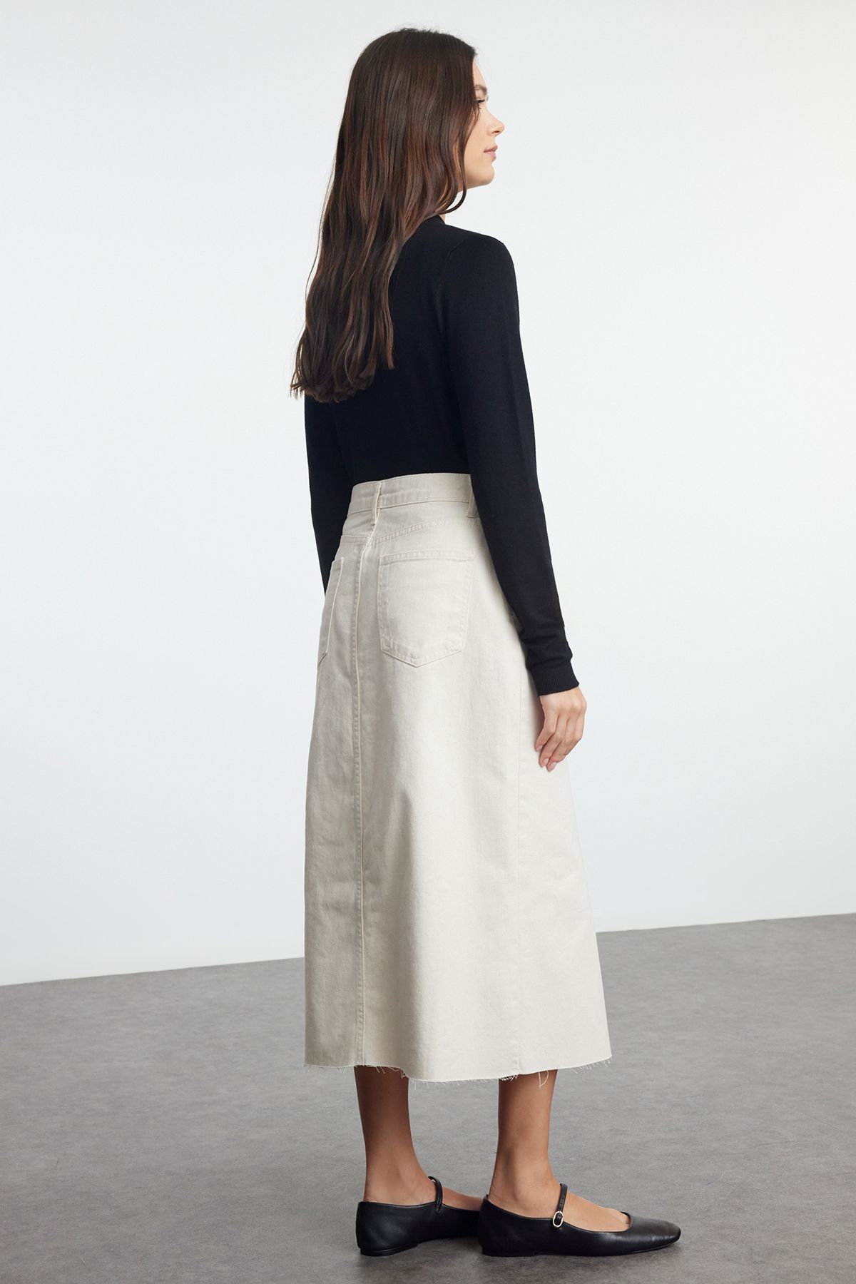 Trendyol Collection-Ecru Button Detail High Waist Midi Denim Skirt Twoss23Et00359 5