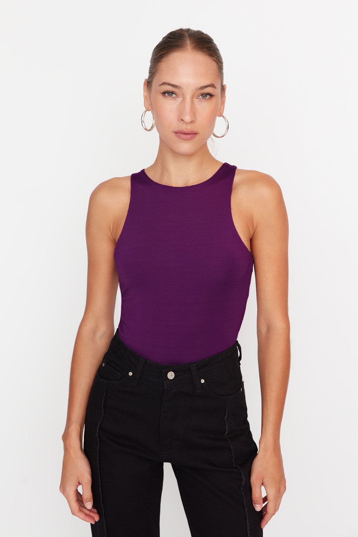 Trendyol Collection Elastyczne Dzianinowe Body - Kolor Śliwkowy, Dekolt Typu Halter, Napy U Dołu - Twoss20bd0044 Kobieta - XL