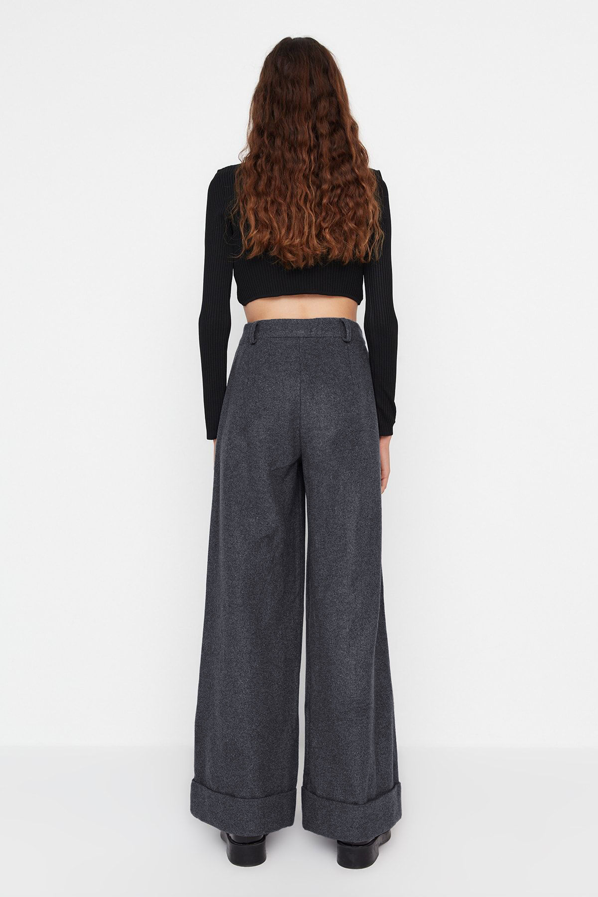 Trendyolmilla  Antrasit Wide Leg/Geniş Paça Yüksek Bel Dokuma Pantolon TWOAW23PL00302 - Görsel 9