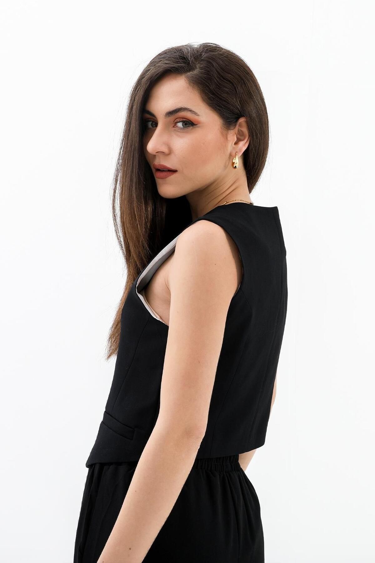 VAPUR TEKSTİL-Polyviscon Vest - Buttoned with Pockets and Collet, Black 5