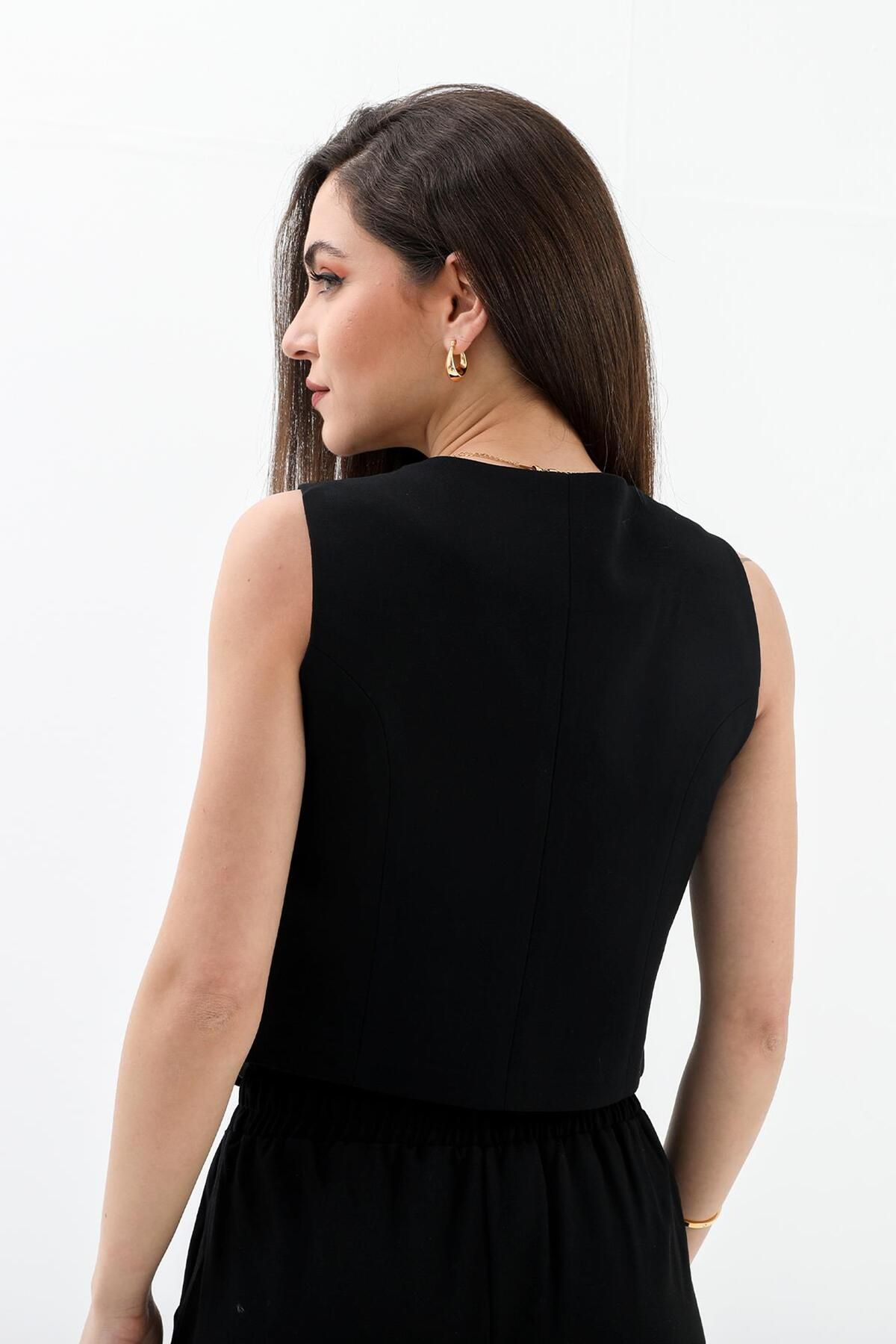 VAPUR TEKSTİL-Polyviscon Vest - Buttoned with Pockets and Collet, Black 6