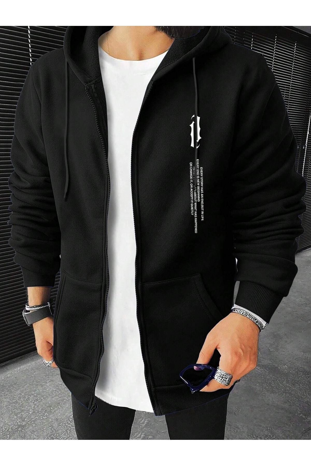 Genel Markalar Dikey Sembol Sweatshirt Fermuarlı Hırka - Siyah Baskılı Oversize Cepli Kışlık Kapüşonlu