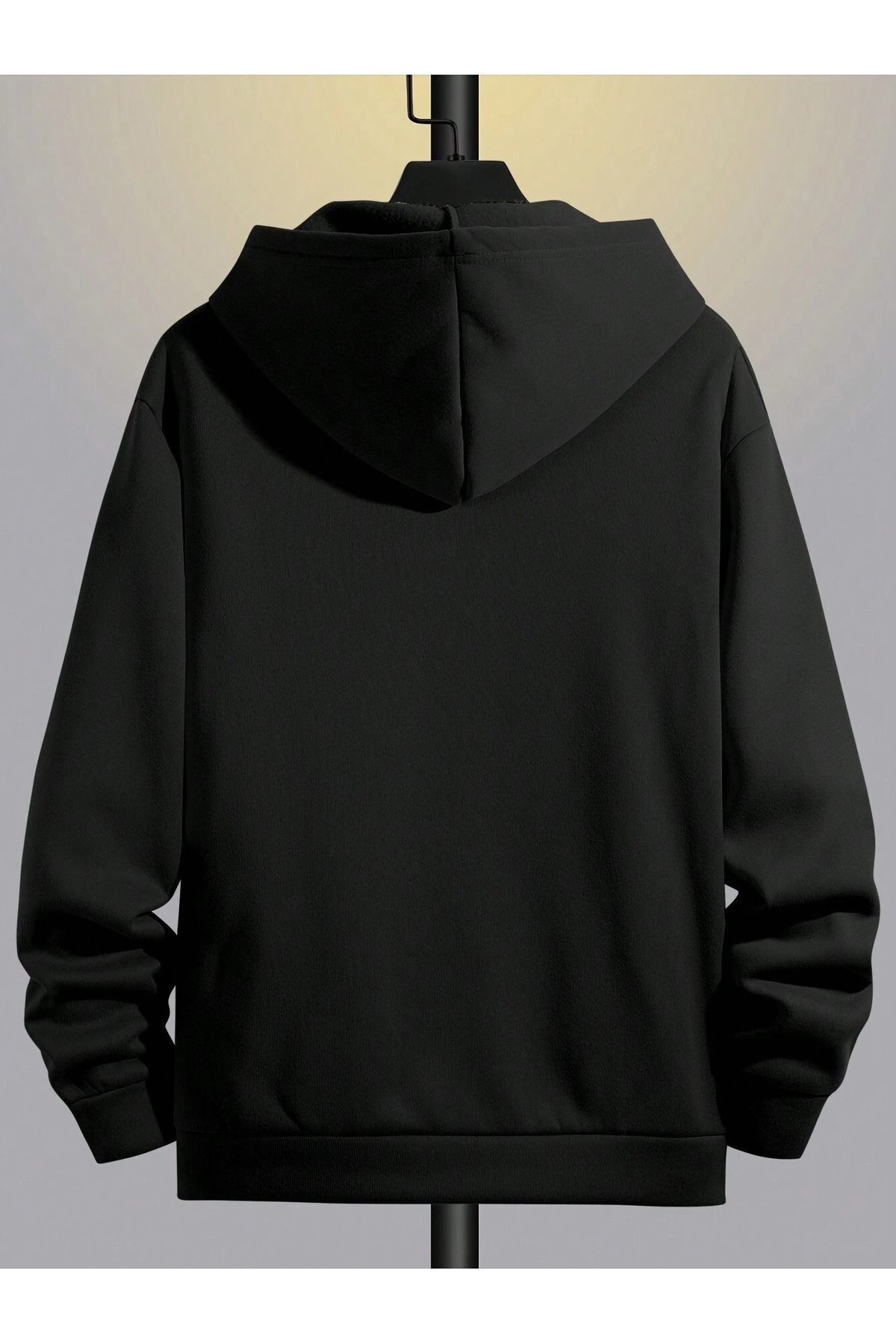 Genel Markalar  Dikey Sembol Sweatshirt Fermuarlı Hırka - Siyah Baskılı Oversize Cepli Kışlık Kapüşonlu - Görsel 2