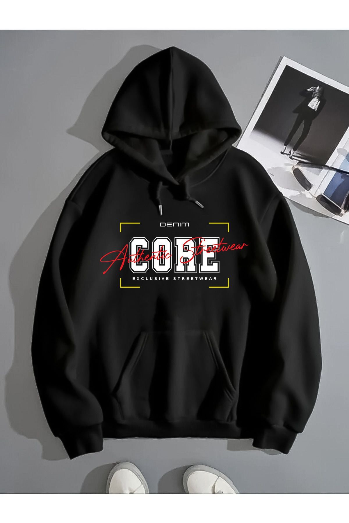Favorim50ton Unisex 2ip Şardonlu DENİM CORE Baskılı Siyah Oversize Sweatshirt