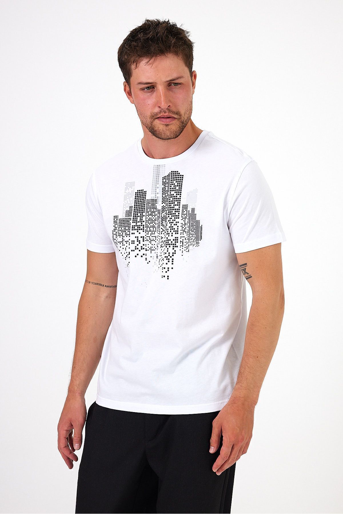 Soho Mood-Ανδρικό λευκό μπλουζάκι Crew Neck Building Printed 100% βαμβάκι 6