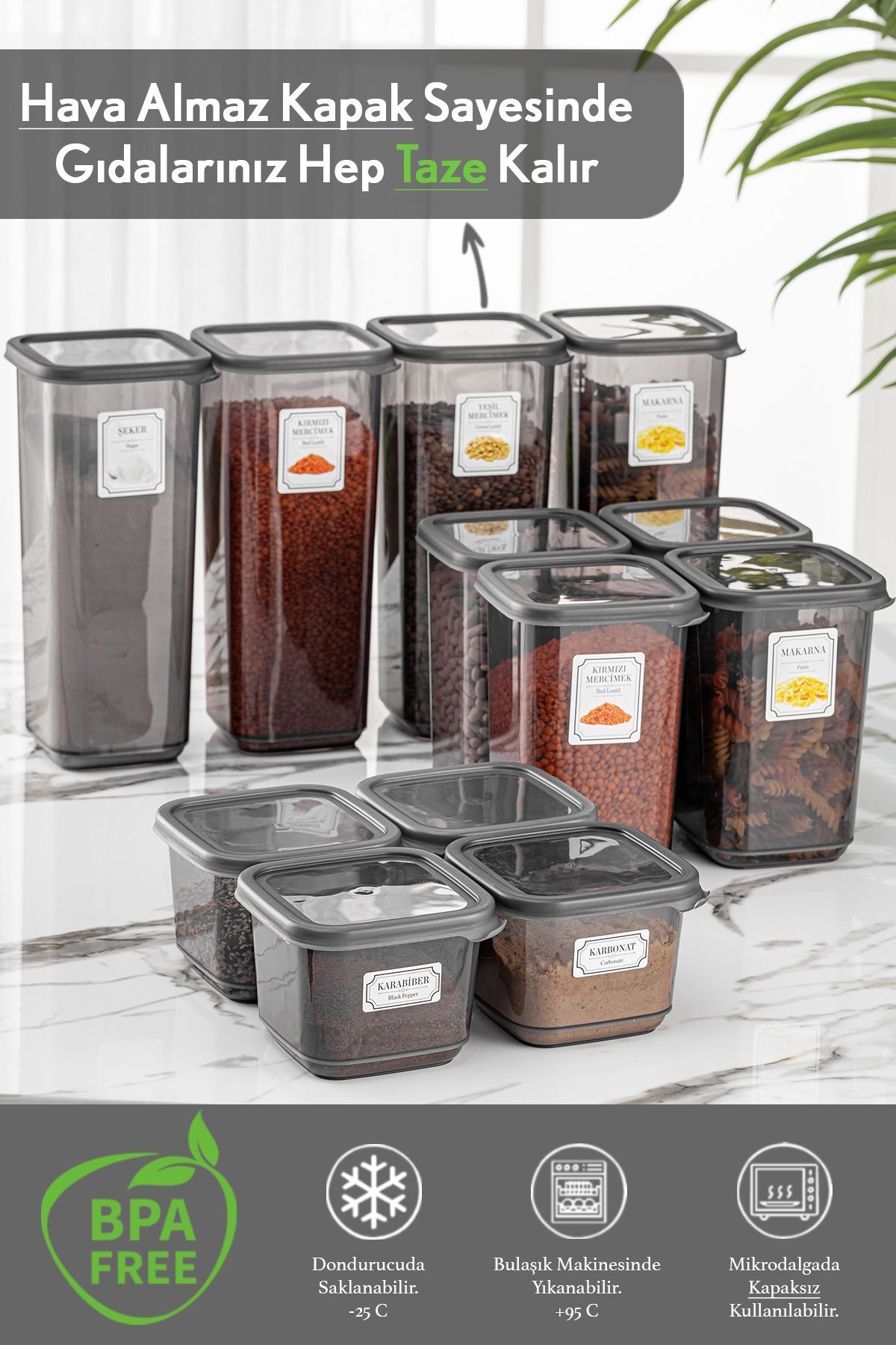 Meleni Home-مجموعة مكونة من 12 حاوية تخزين مربعة الشكل مع ملصق بينو أنثراسايت 4x (0.50 LT-1،10 LT -1.70 LT) 2