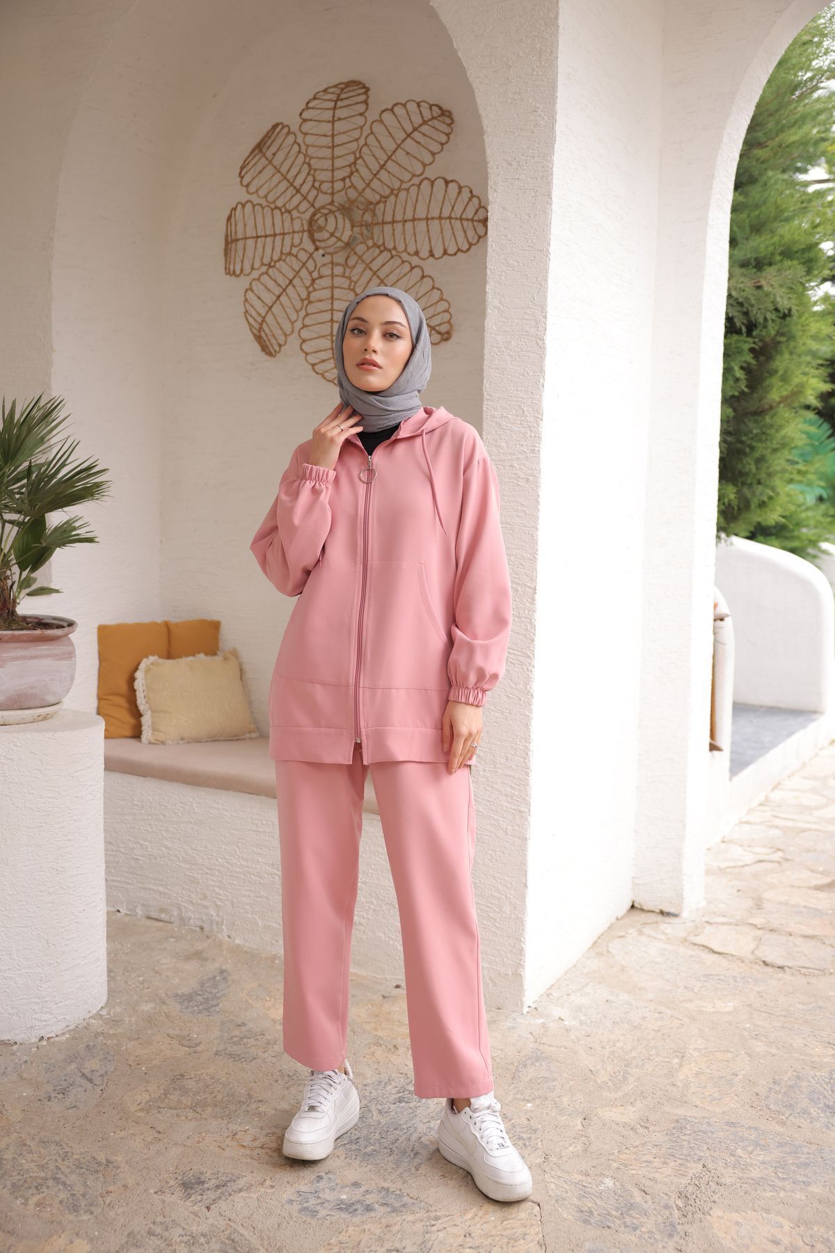 PİNK FLY-Hooded Imported Double Fabric Kangaroo Pocket Women's Hijab Tracksuit Set 4