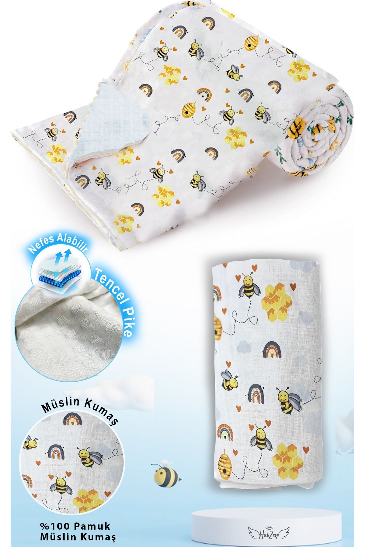 HALZEY Bebek Battaniyesi Arı Desenli 80x100 Cm, Çift Taraflı Müslin Kumaş Ve Ten-cel Pike Kumaş fotoğrafı 4 (önizleme)