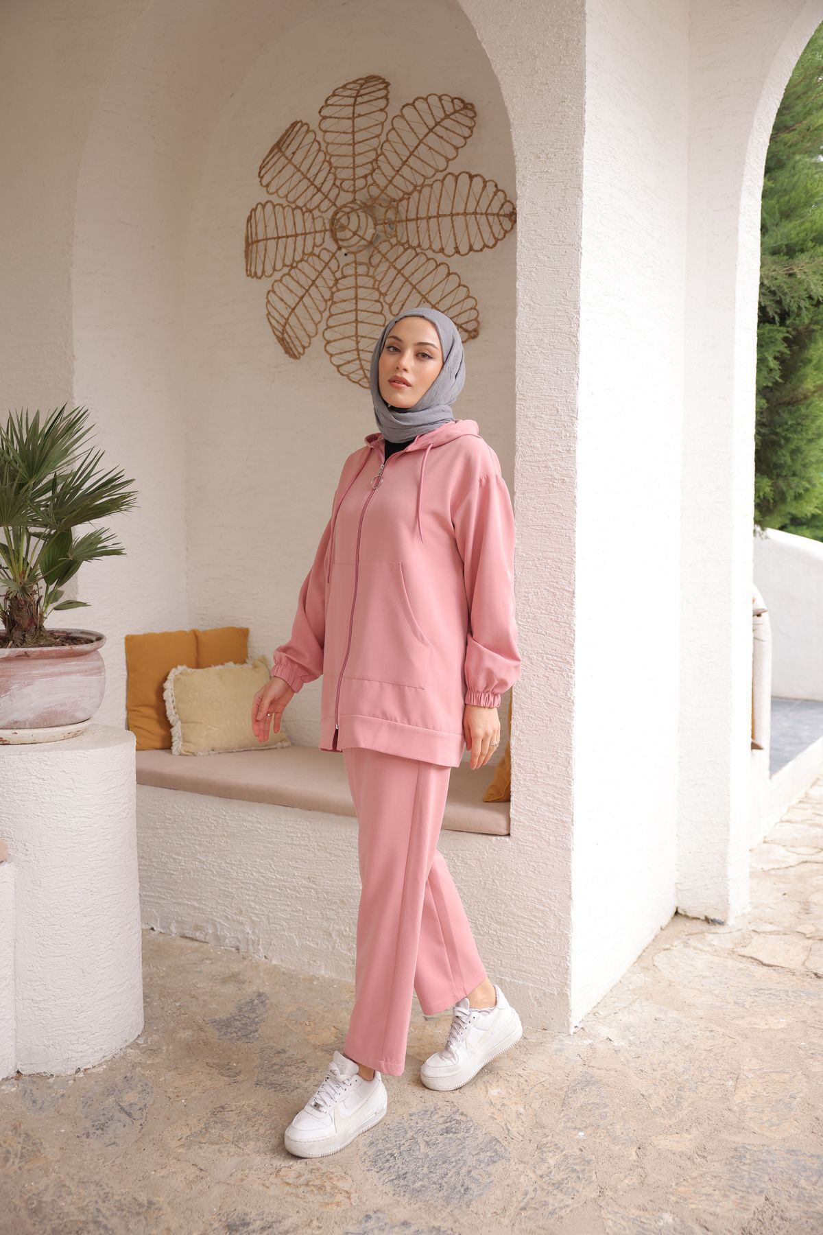 PİNK FLY-Hooded Imported Double Fabric Kangaroo Pocket Women's Hijab Tracksuit Set 2