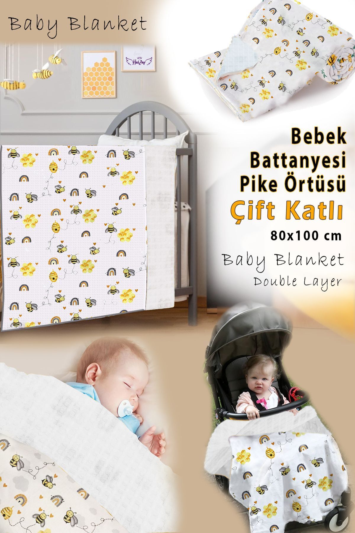 HALZEY Bebek Battaniyesi Arı Desenli 80x100 Cm, Çift Taraflı Müslin Kumaş Ve Ten-cel Pike Kumaş fotoğrafı 3 (önizleme)