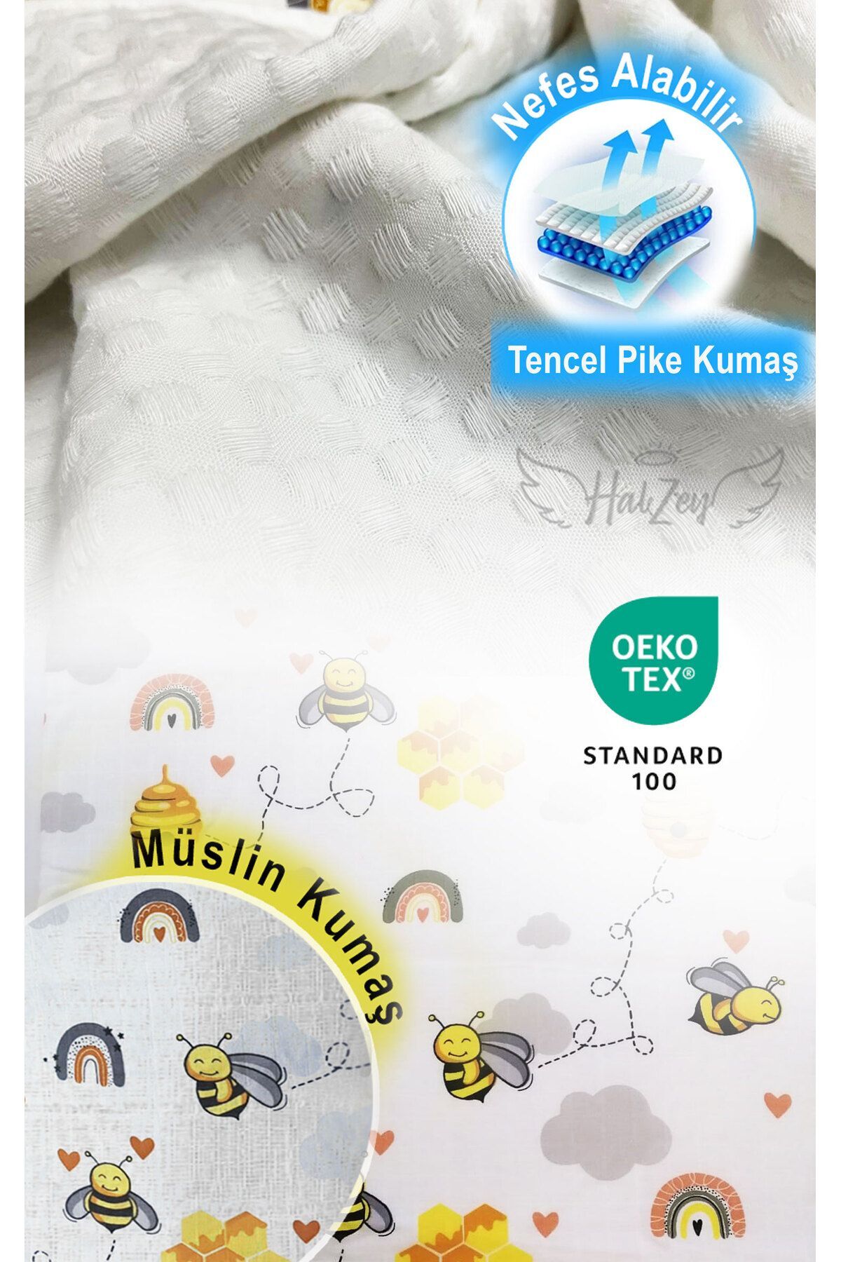 HALZEY Bebek Battaniyesi Arı Desenli 80x100 Cm, Çift Taraflı Müslin Kumaş Ve Ten-cel Pike Kumaş fotoğrafı 2 (önizleme)