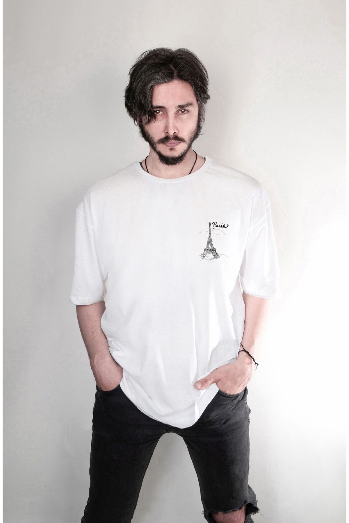 Darkia-Paris Eiffel Tower Pattern - Oversize, Double Sided White T-shirt 2