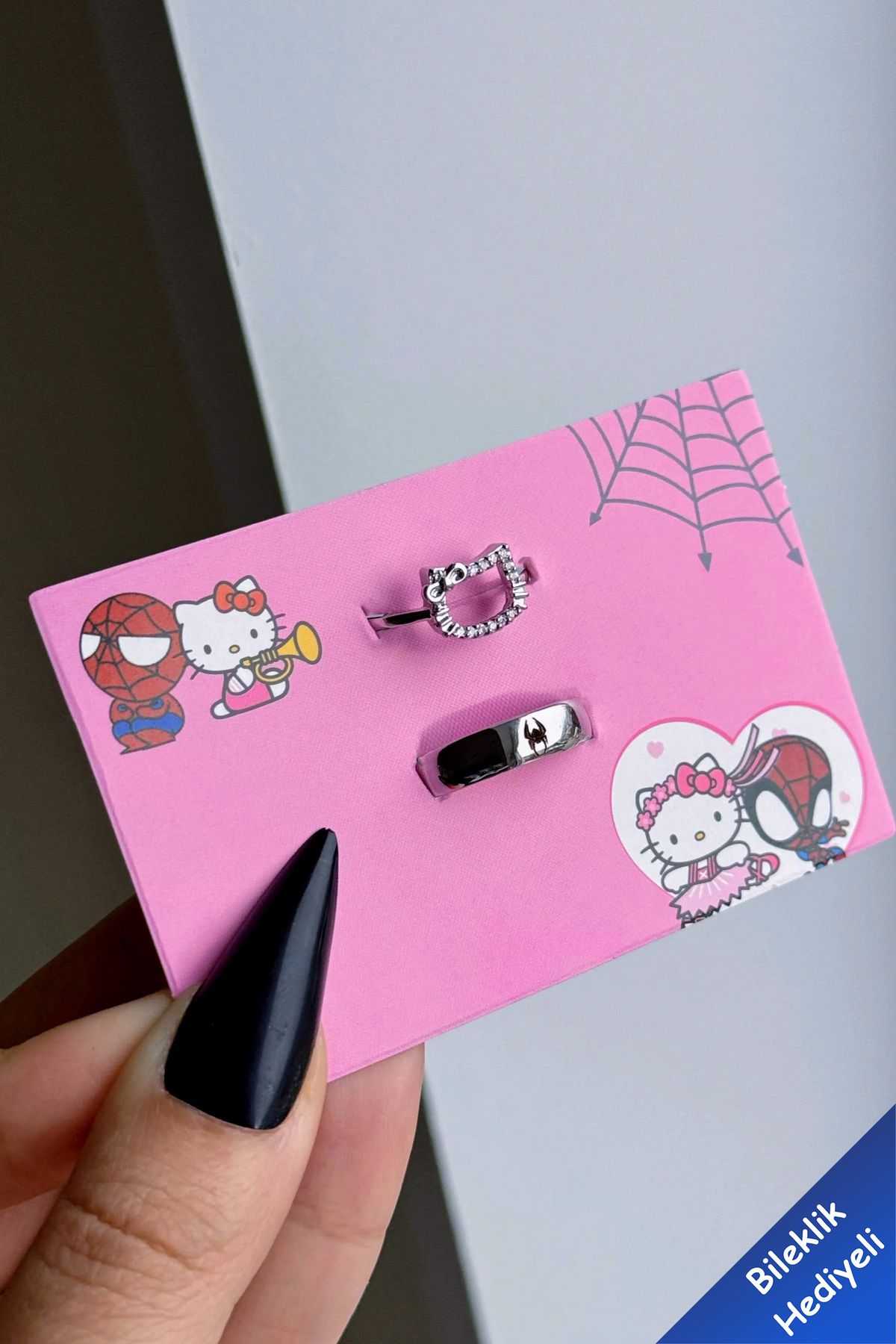 Hello Kitty Spiderman Ayarlanabilir Çift Arkadaşlık Sevgili Yüzük (Ayarlanabilir Yüzük)