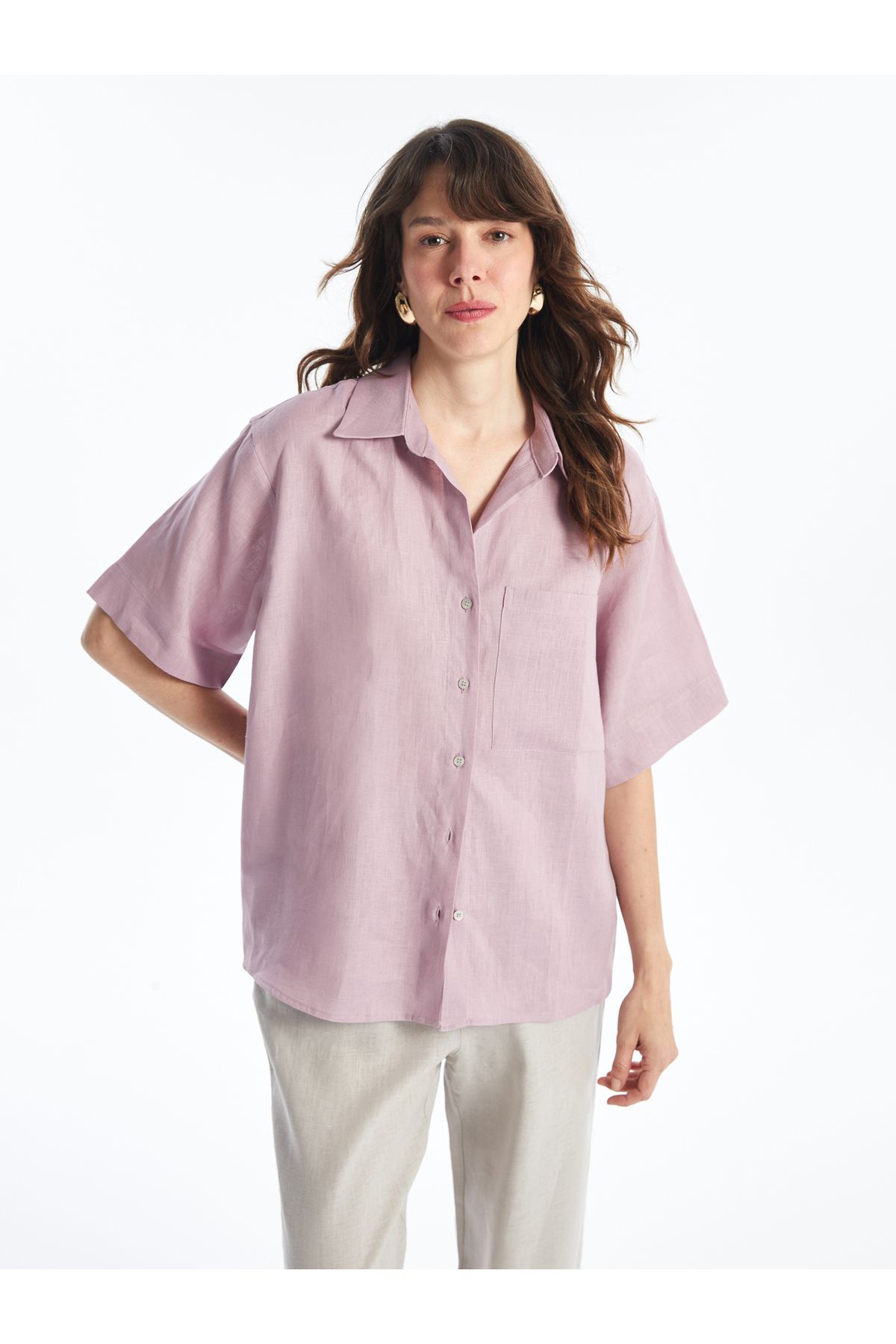 LC Waikiki Koszula Damska Oversize Z Lnu - Jednolity Krótki Rękaw Kobieta - 2XL