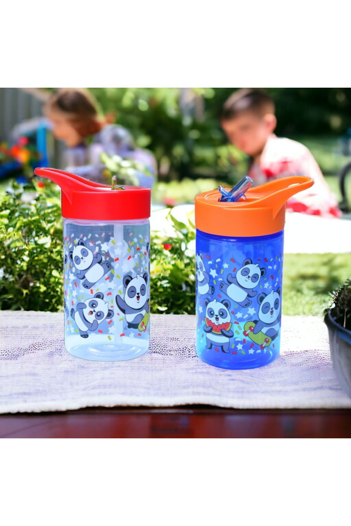Peaceful 2 Adet 430 cc BPA FREE Katlanabilir Pipetli Sevimli Panda Desenli Akıtmaz Matara ve Suluk fotoğrafı 3 (önizleme)