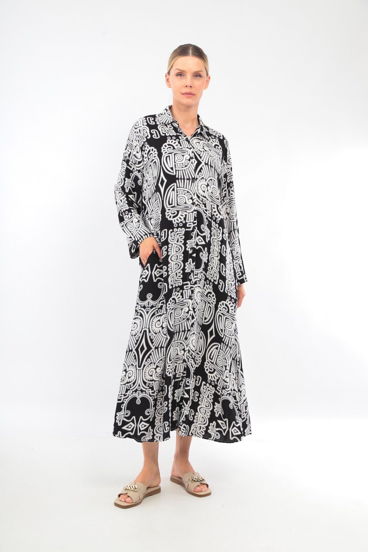 soBasic-Black Viscose Shirt Dress - 100% Cotton, Patterned, Buttoned Front and Slit - Std 1