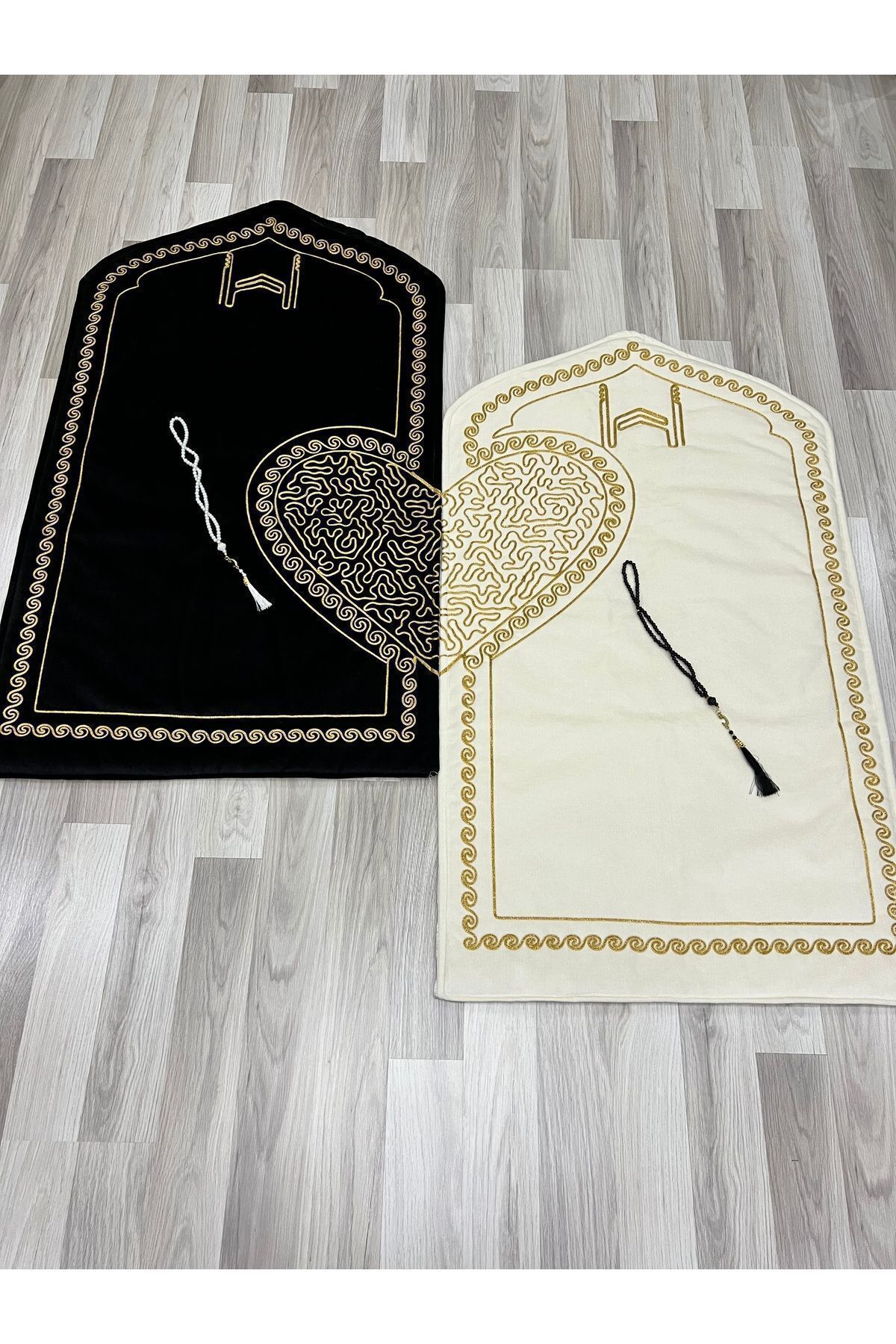 AYHANHOME-حزمة العروس والعريس - سجادة صلاة على شكل قلب، زوجين، سجادة صلاة للزوجين مع مسبحة صلاة، حامل مهر هدية 3