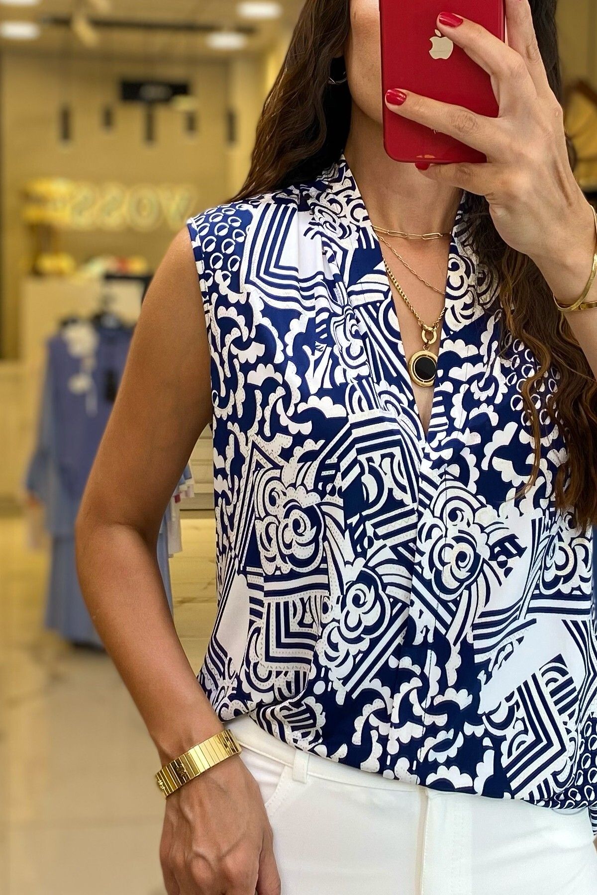 بلوز آبی زنانه لباس الگوی ECOL NACTERE V NECK BLOUSE اورجینال Vosse